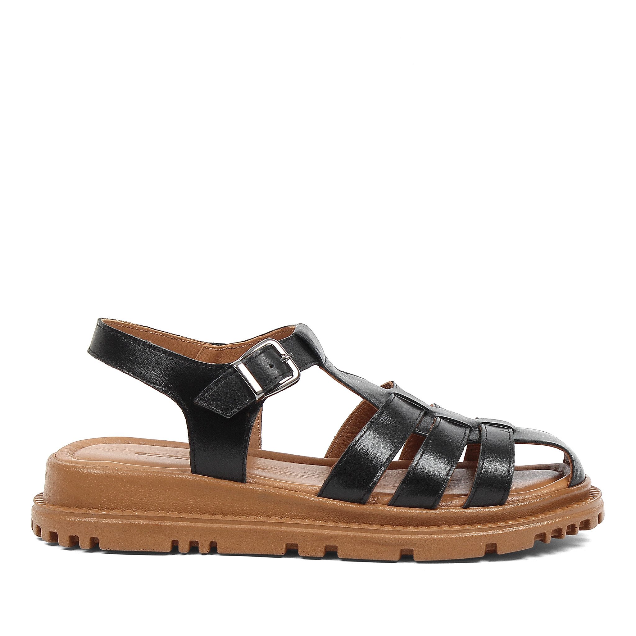 Celal Gültekin Flechtoptik Plateausohle Schnallenriemen Damen Römersandale Leder, Fisherman-Stil, Plateausohle, Schwarz, 37