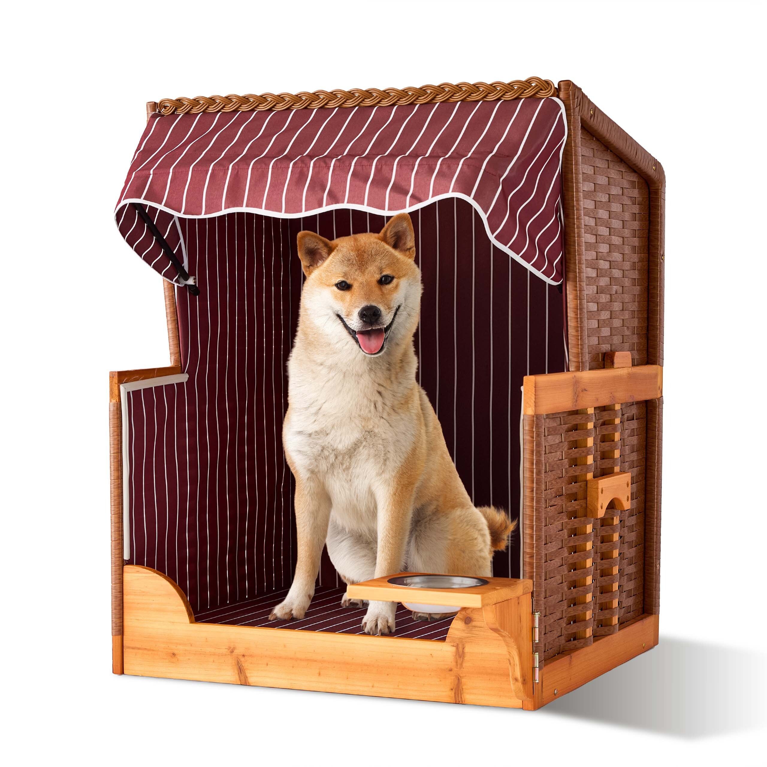 relaxdays Haustierstrandkorb Hundestrandkorb Holz & Rattan inkl. Napf, BxTxH: 75x65x95 cm, Hundestrandkorb, (2-tlg), D