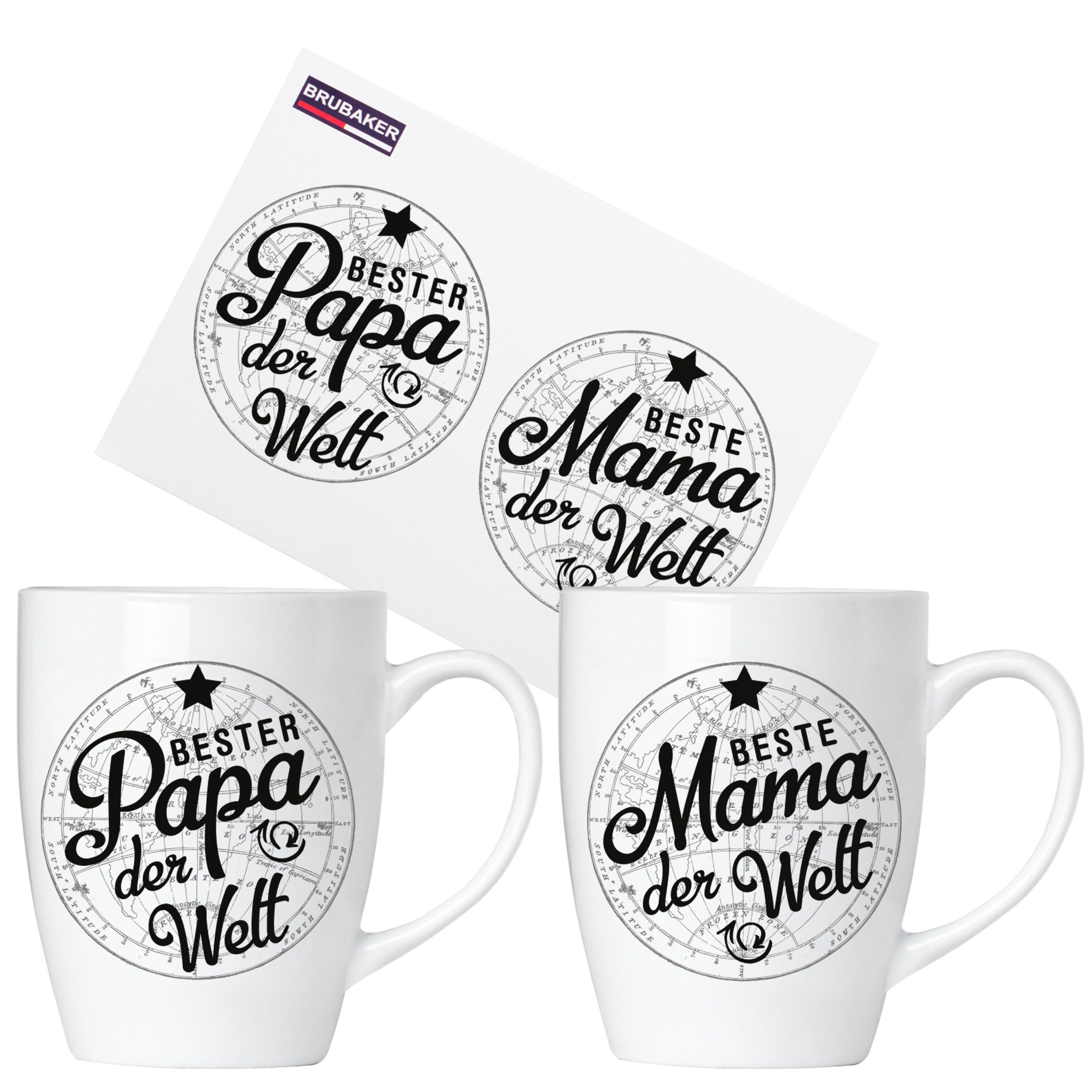 BRUBAKER Tasse 2er-Set Kaffeetassen Beste Mama und Bester Papa, Keramik, Kaffeebecher mit Weltkugel in Geschenkpackung, Geschenkset mit Grußkarte für Eltern