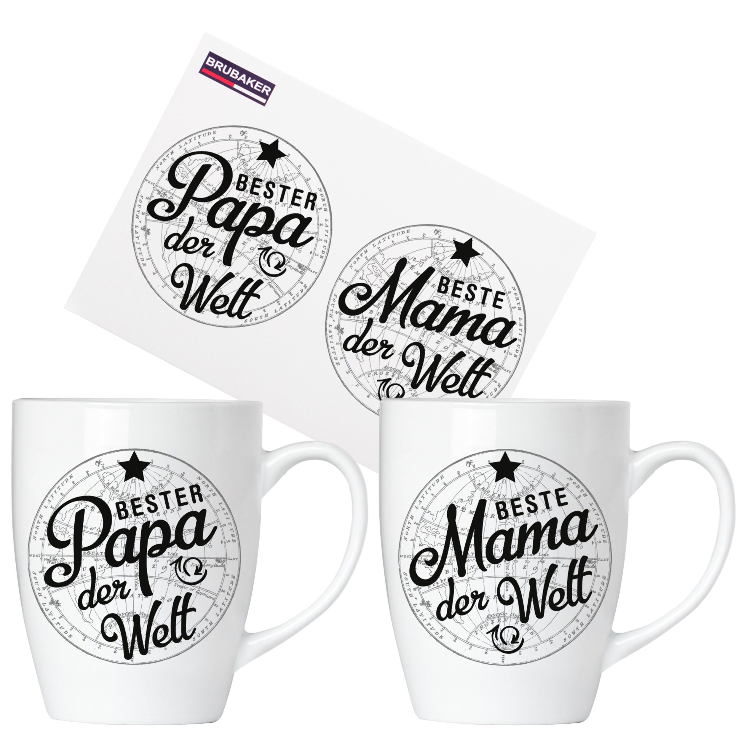 BRUBAKER Tasse 2er-Set Kaffeetassen Beste Mama und Bester Papa, 4-tlg., Keramik, 2x Kaffeebecher in Geschenkpackung mit Grußkarte - für Eltern