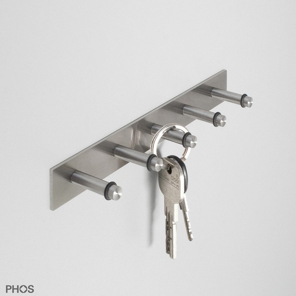 PHOS Design Schlüsselbrett und vielseitige Hakenleiste aus Edelstahl zur Wandmontage, (Modell: HLSB5), inkl. 5 Haken, verschraubt - 100% Made in Germany