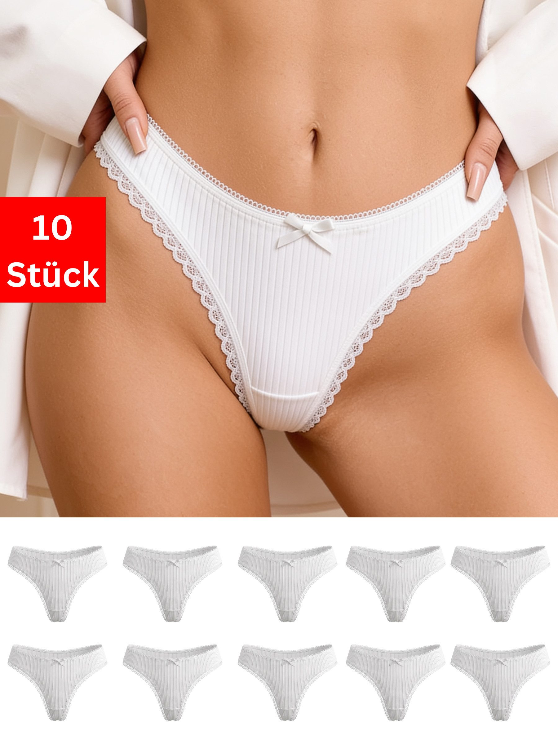 Elegant Love String Damen Stringtangas Unterwäsche, gerippt mit Spitzenkante und Schleife (Packung, 10-St., 10er-Pack) Panties aus Baumwolle – Komfortabler Tanga & V-String im Multipack
