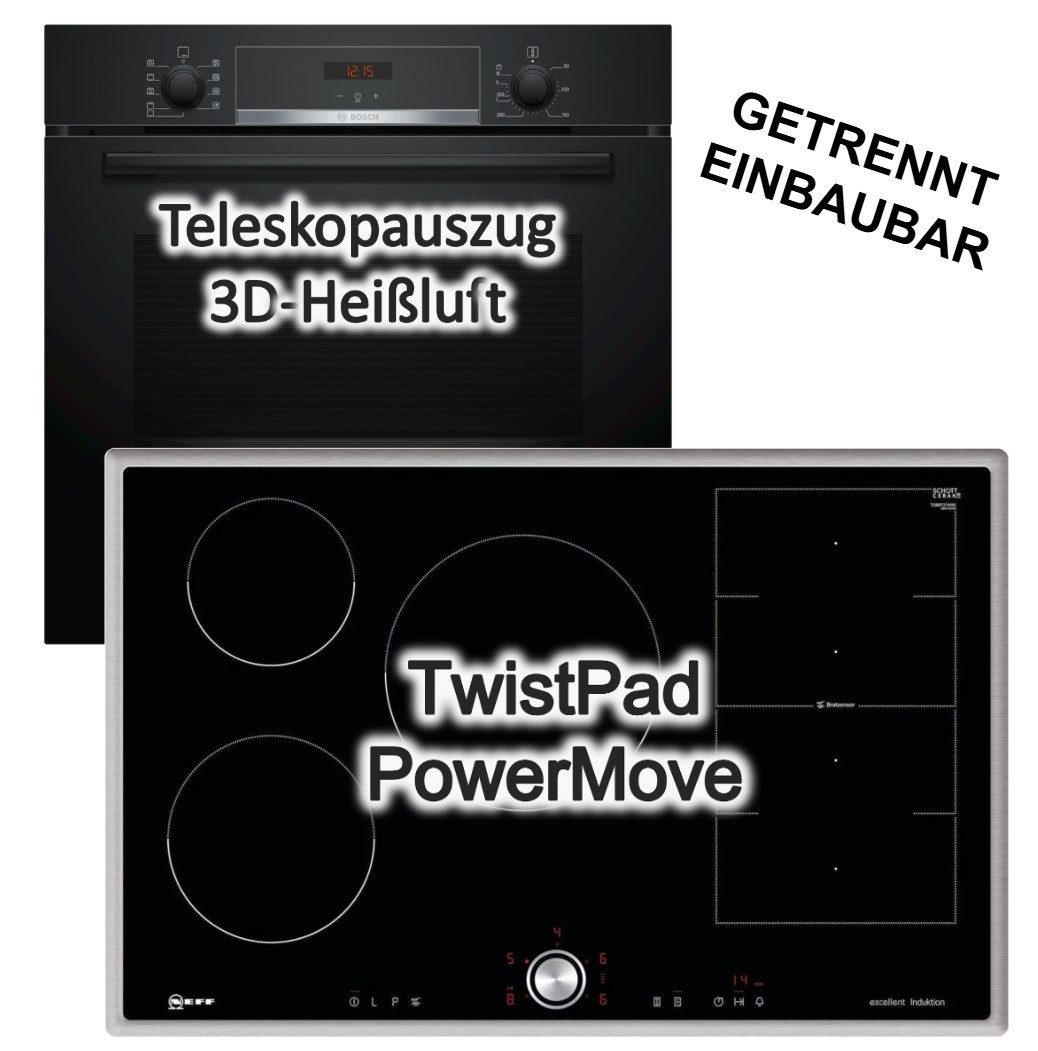 BOSCH Backofen-Set Einbaubackofen Hydrolyse+ Neff Flex-Induktionskochfeld 80cm TwistPad, mit 1-fach Teilauszug