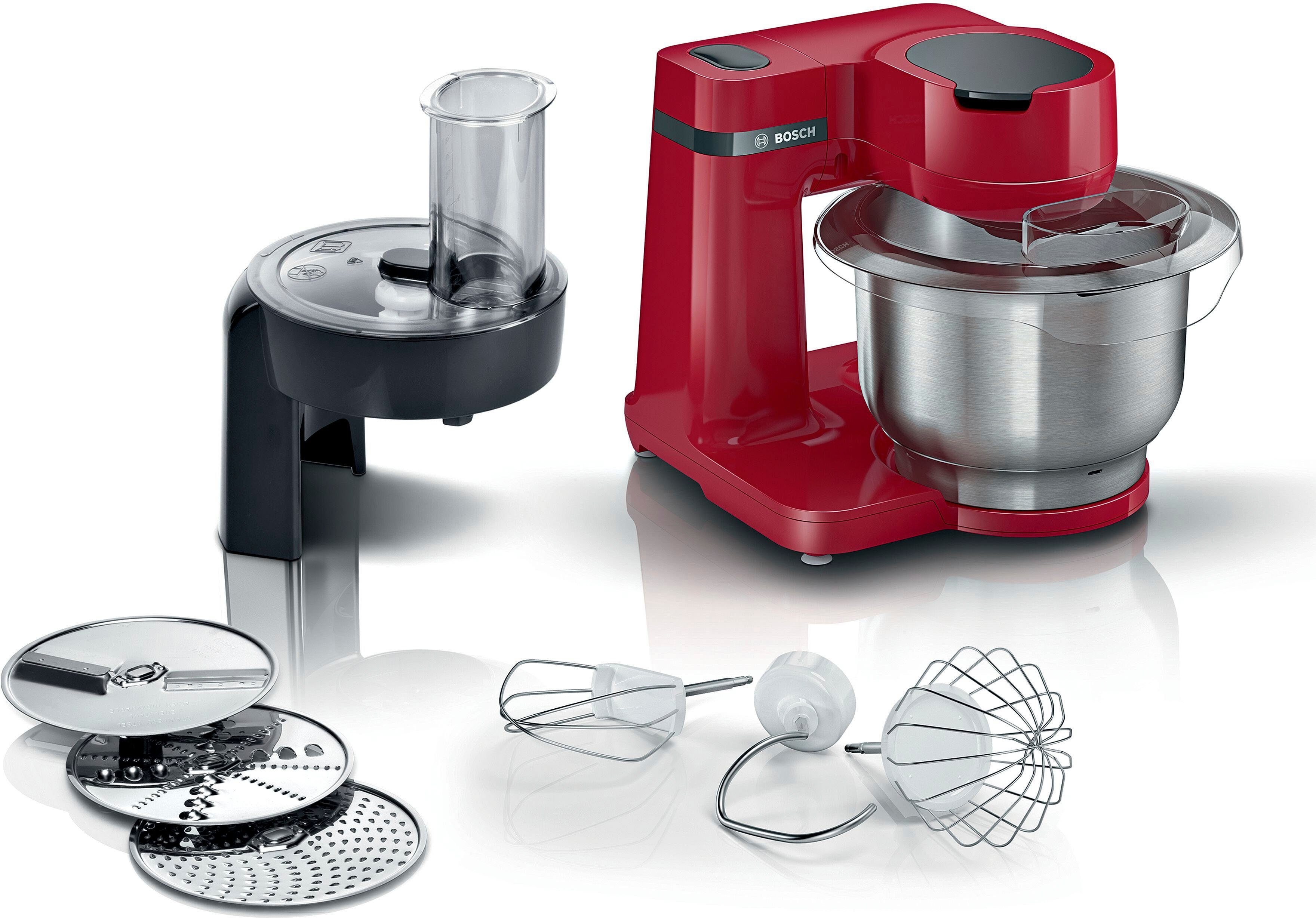 BOSCH Küchenmaschine Serie 2 MUMS2ER01, Durchlaufschnitzler, 4 Scheiben, rot, 700 W, 3,8 l Schüssel, Durchlaufschnitzler, 3 Reibescheiben, Patisserieset Edelstahl