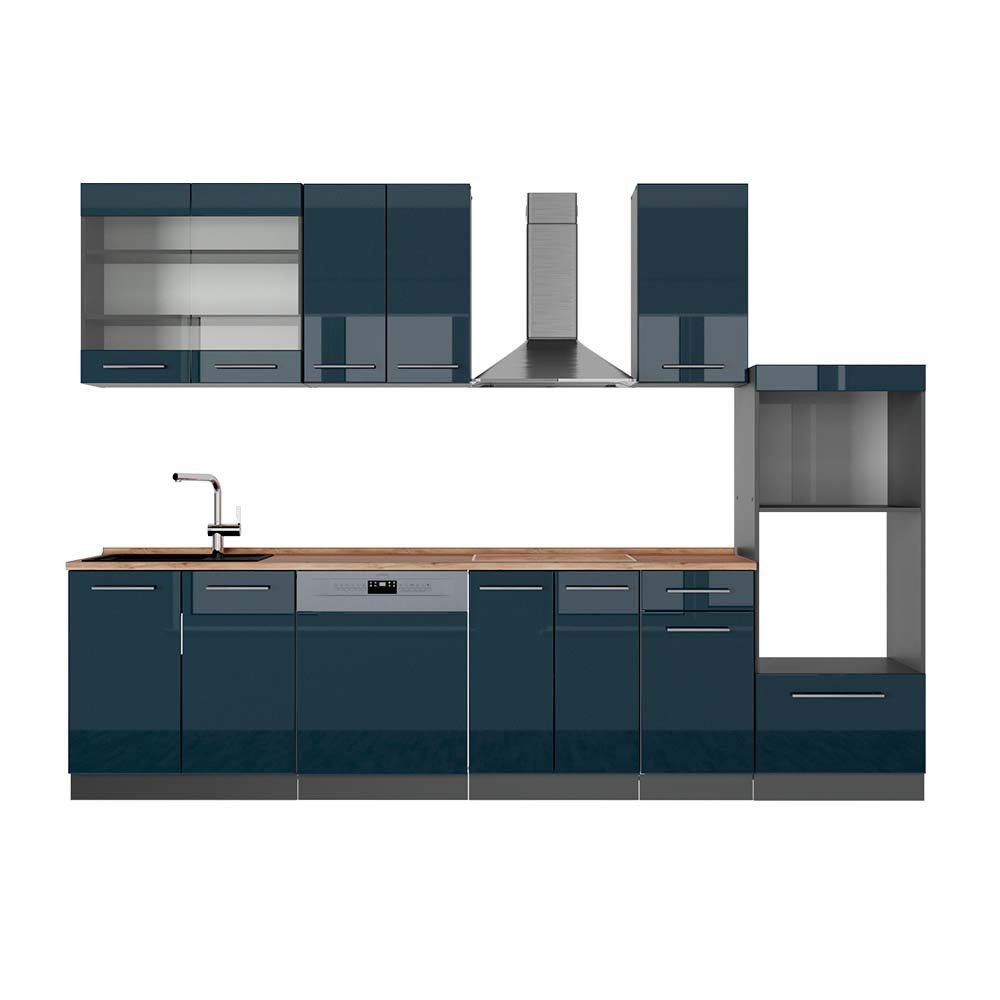 Vicco Küchenzeile Fame-Line, Dunkelblau Hochglanz/Anthrazit, 300 cm mit Hochschrank, ...