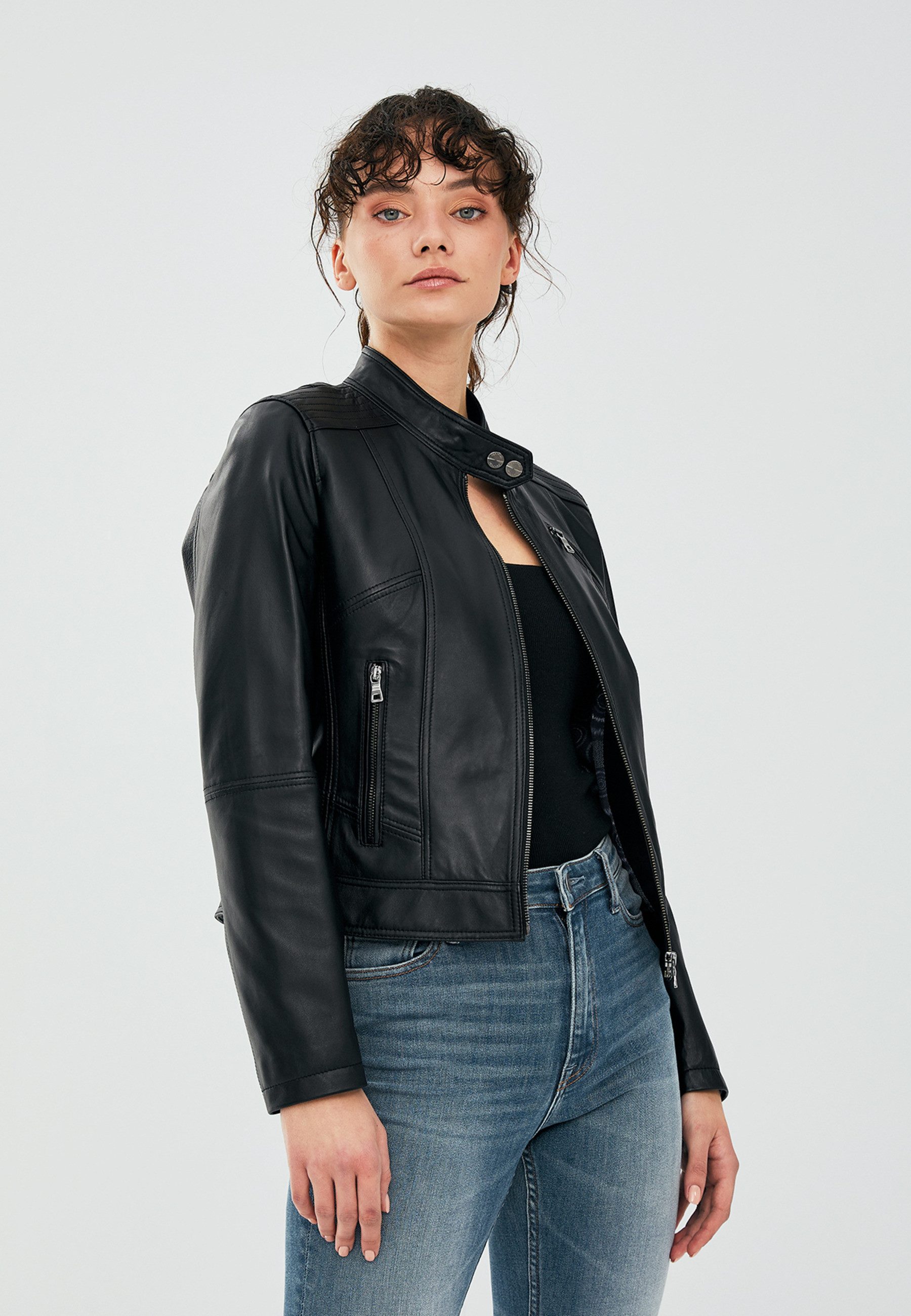 Derimod Lederjacke Kylie Kurze Lederjacke Regular Fit, Reißverschluss, Stehkragen, Kurz, Textilfutter