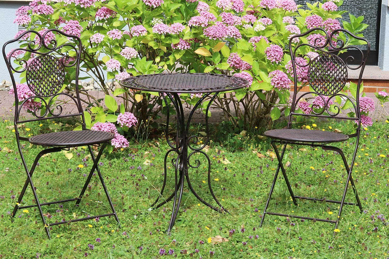 Aubaho Dekoobjekt Gartenset Tisch +2x Stuhl Eisen Gartengarnitur braun Bistroset Metall