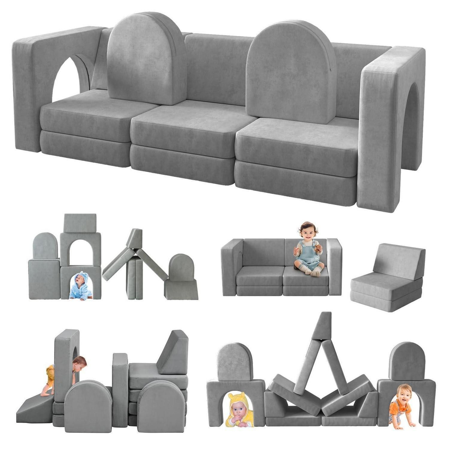 LuxusKollektion Kindersofa Spielsofa Kinder 13teilig modular Multifunktion 3-Sitzer-Sofa Grau