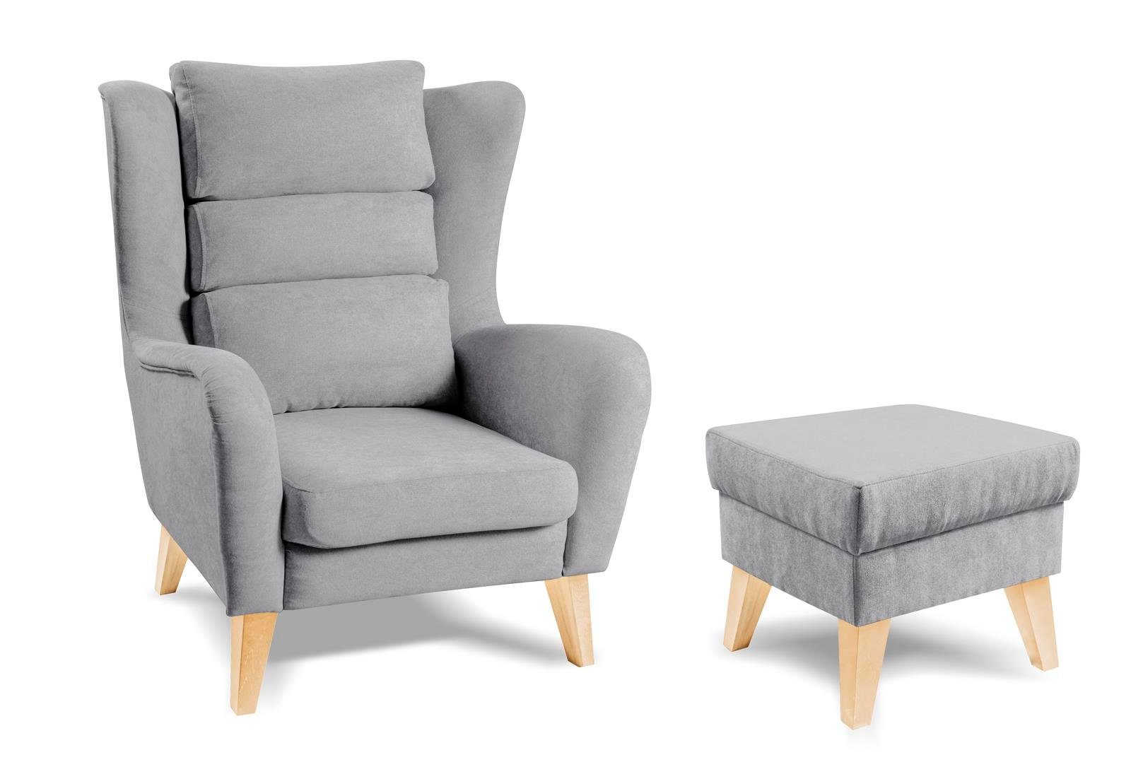 Beautysofa Relaxsessel Atlas (Relaxsessel mit Fußteil, aus Holzbeine), mit Fußstütze, Sessel mit Hocker aus Velvetstoff Hellgrau (mono 244) | Sessel