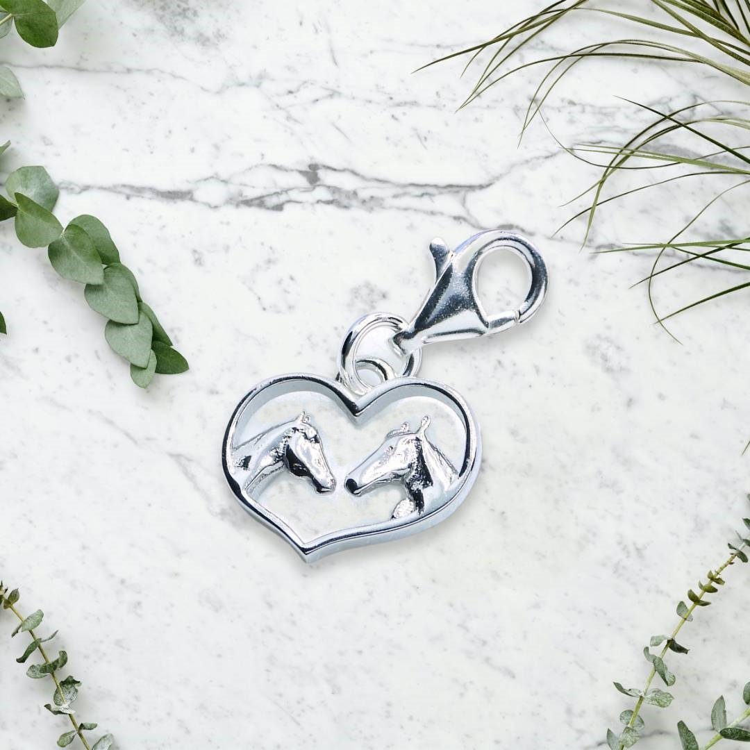 Goldene Hufeisen Charm Herz Herz Pferd mit Stute Charm Anhänger 925 Sterling Silber, Pferde-Schmuck