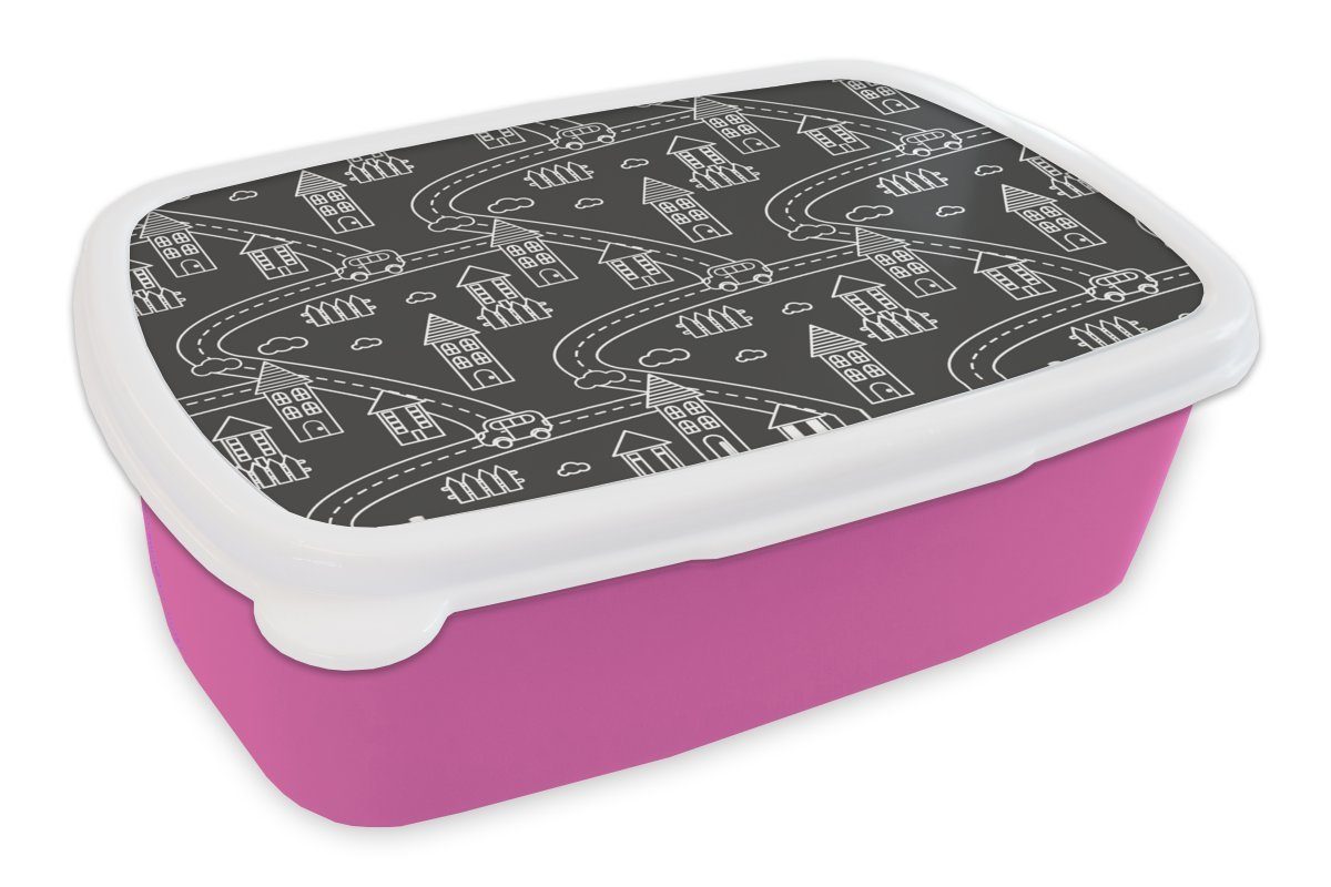 MuchoWow Lunchbox Muster - Haus - Auto, Kunststoff, (2-tlg), Brotbox für Erwachsene, Brotdose Kinder, Snackbox, Mädchen, Kunststoff rosa