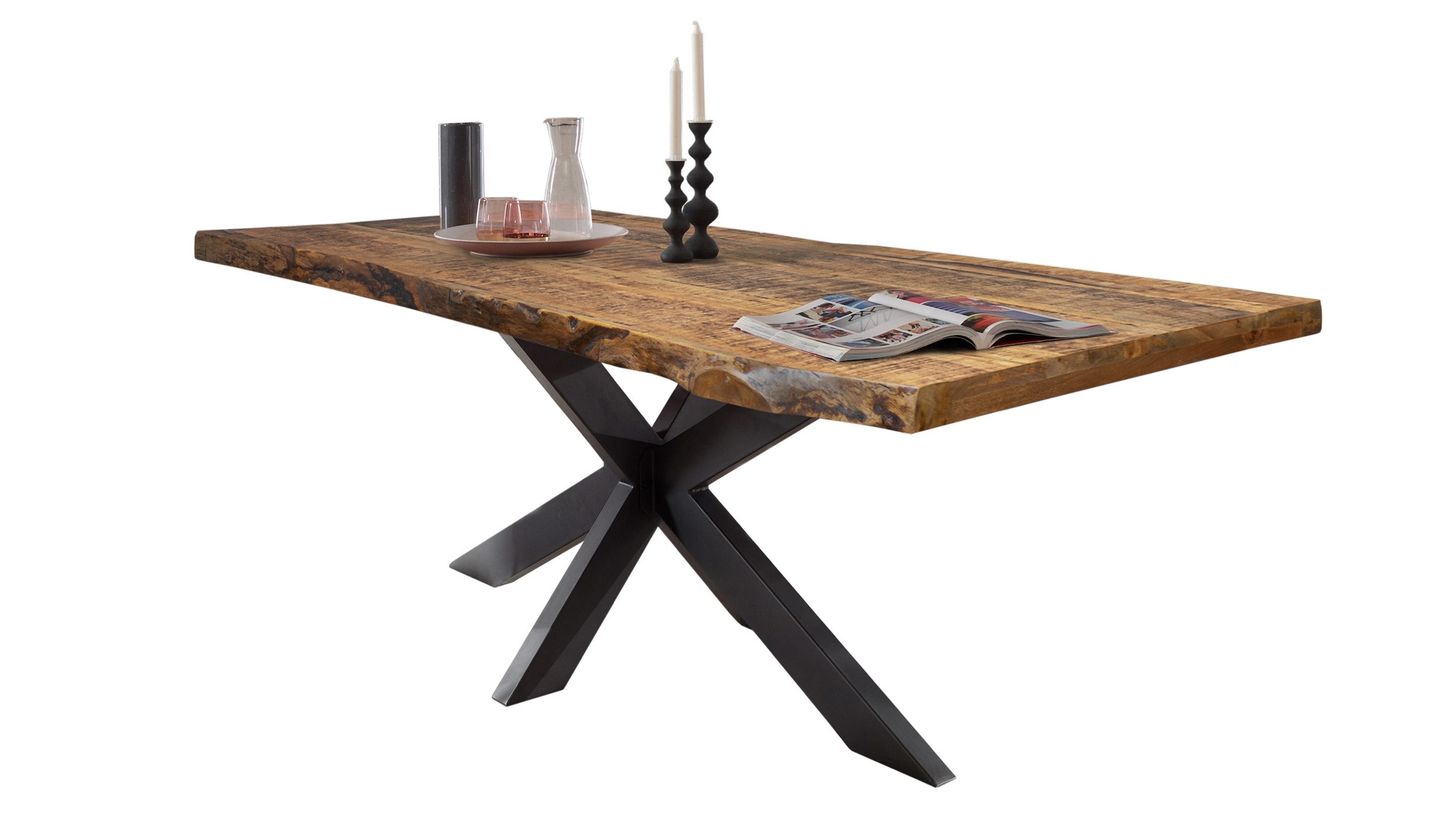 Massivart® Baumkantentisch TIM / Massivholz Mangoholz / 55 mm Tischplatte, Baumkante / Spider X-Gestell Metall schwarz / Industrial Look