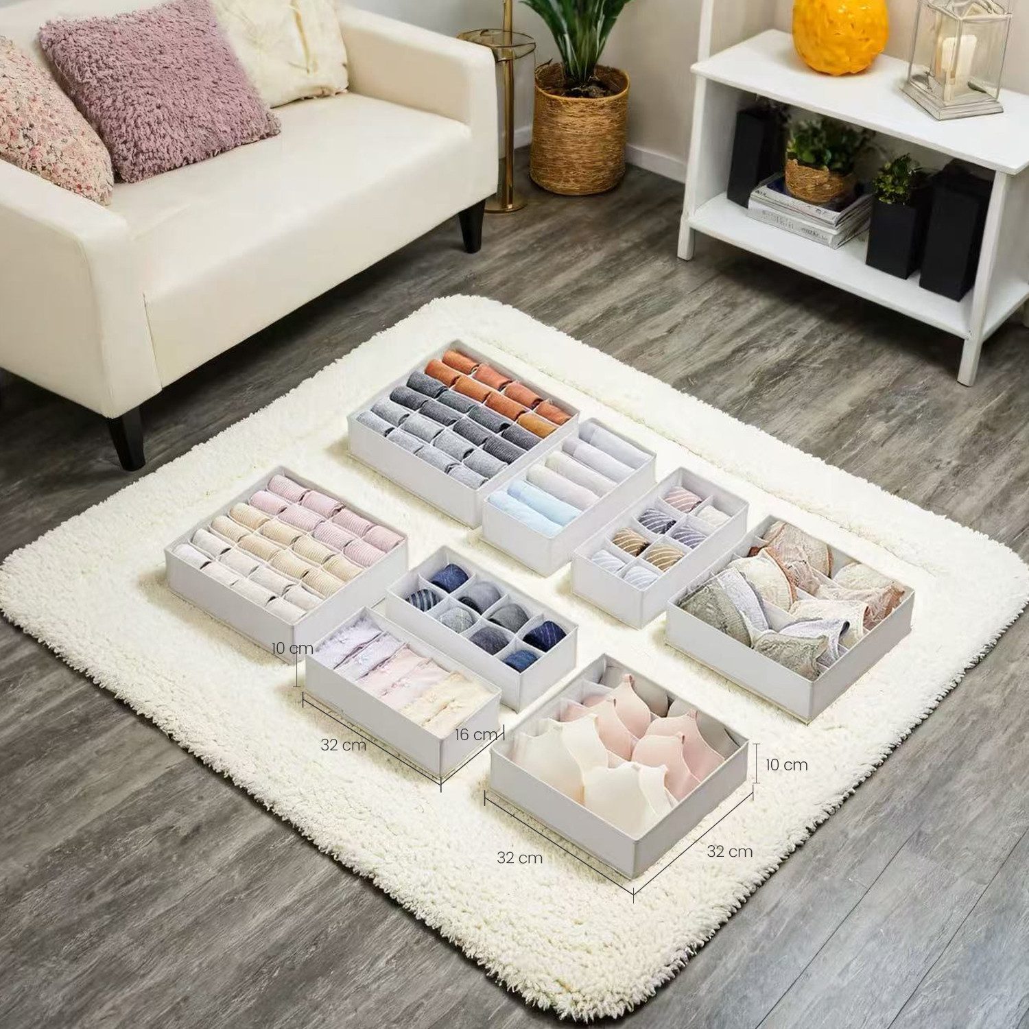 SONGMICS Aufbewahrungsbox Unterwäsche-Organizer, faltbar, Stoffboxen, für BHs Socken Krawatten (8 St), 8 Stück, Ordnungssystem Kleiderschrank, Aufbewahrungsbox Schrank