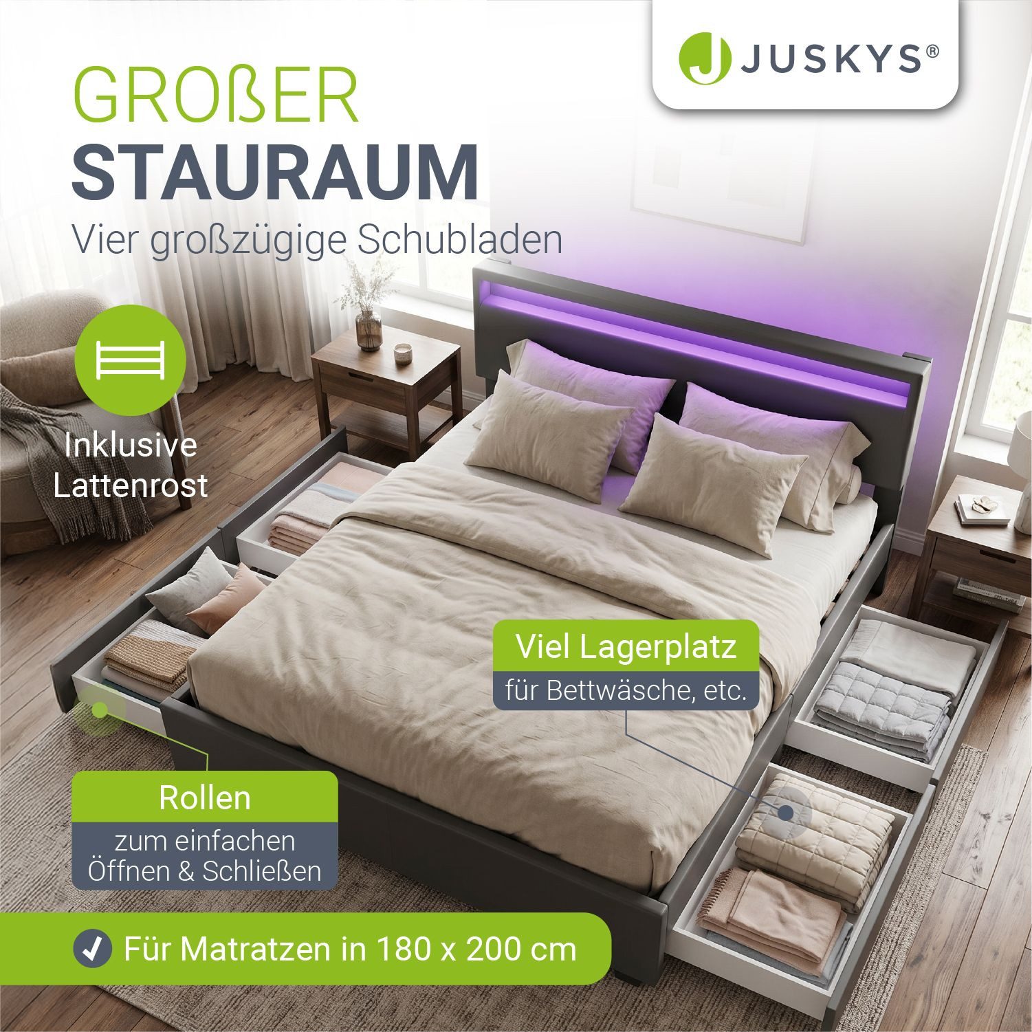 Juskys Polsterbett Lyon, 180x200 cm, ausziehbare Bettkästen, LED-Licht, gepolstertes Kopfteil
