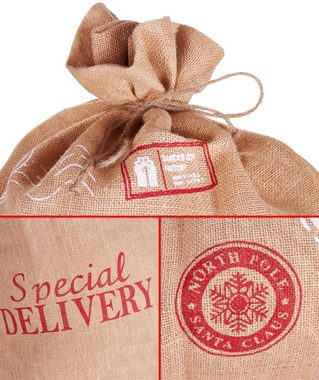 BRUBAKER Aufbewahrungstasche Weihnachtssack Special Delivery Weihnachtsmann mit Schlitten (Jutesack, 1-tlg., Weihnachten), Nikolaussack Jutebeutel Sack mit Kordel zum Verpacken von Geschenken