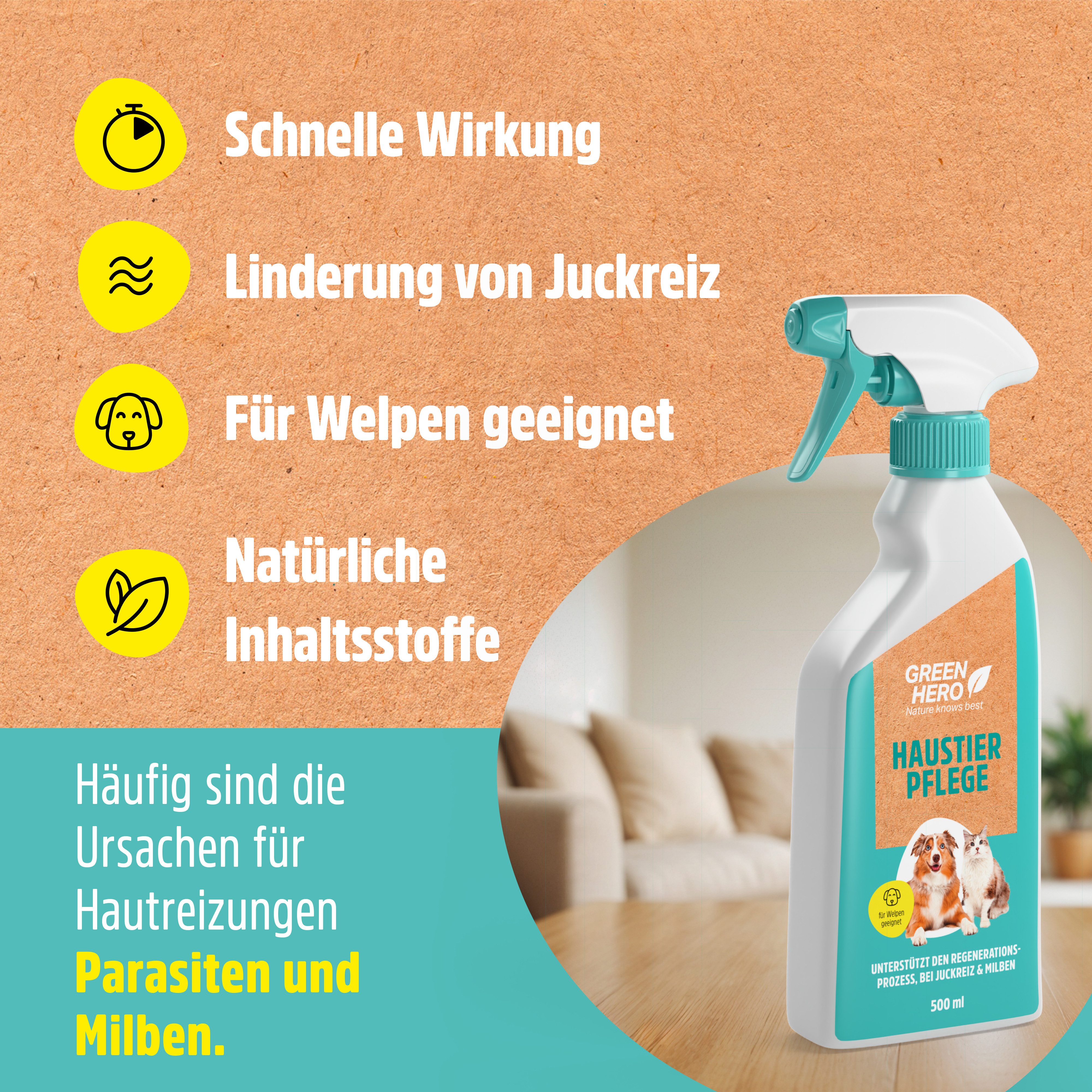 GreenHero Fellpflege Haustierpflege Spray gegen Juckreiz - 100% natürliche Wirkstoffe, 500 ml
