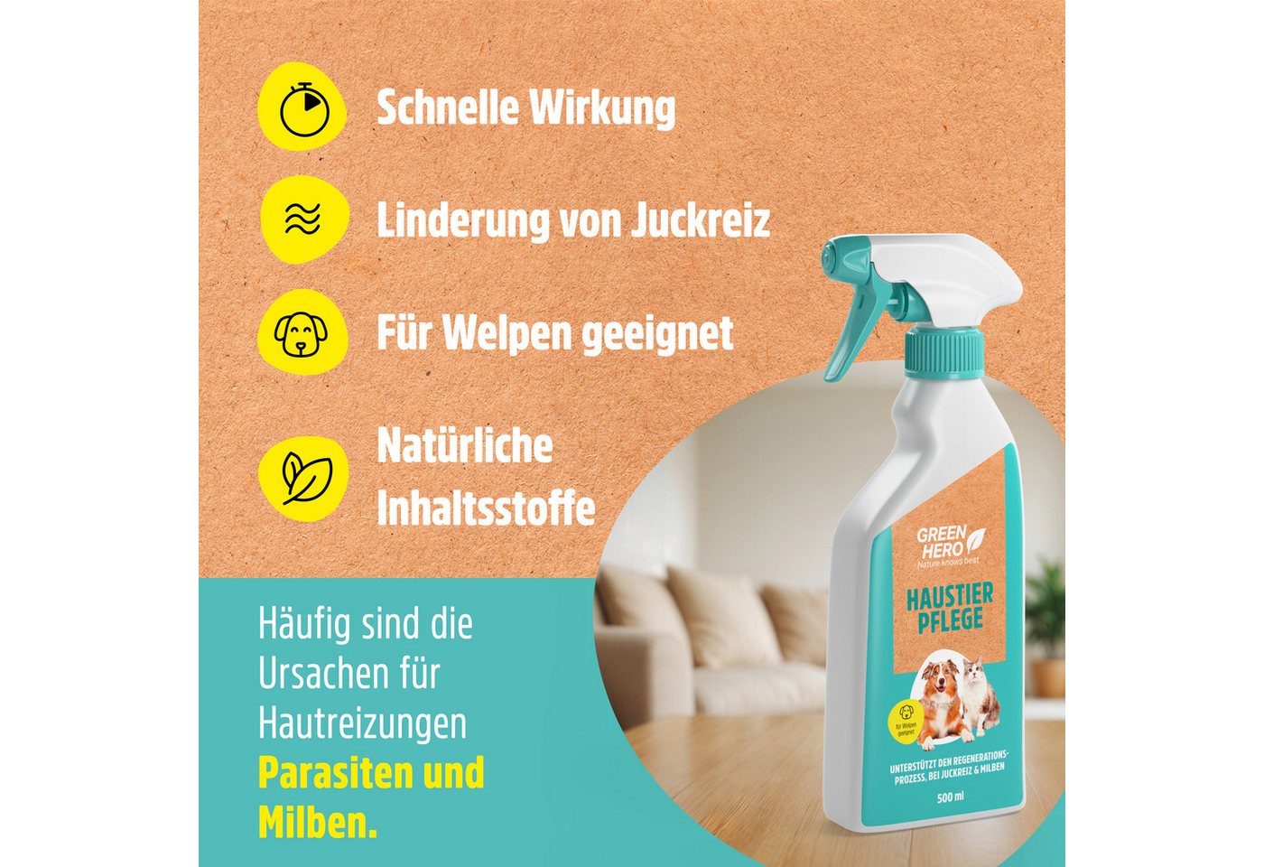 Thumbnail - GreenHero Fellpflege Haustierpflege Spray gegen Juckreiz - 100% natürliche Wirkstoffe, 500 ml