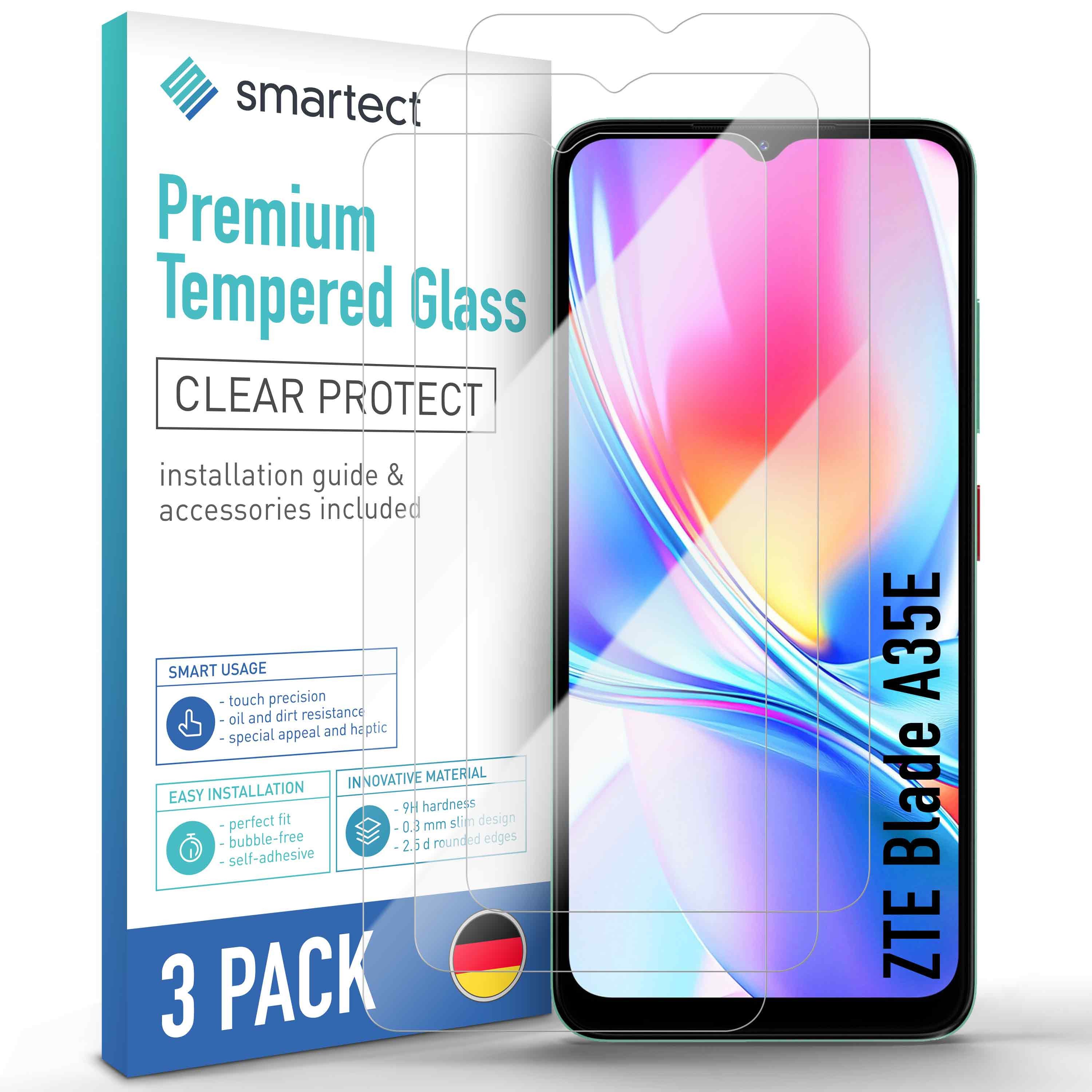 smartect Displayschutzglas 3X Schutzglas Panzerfolie Klar für ZTE Blade A35E für ZTE Blade A35E, Set, 3 Stück, 0.3 mm Ultra-klar, 9H Härte, Kratzfest, Stoßfest, Blasenfrei, Oleophob