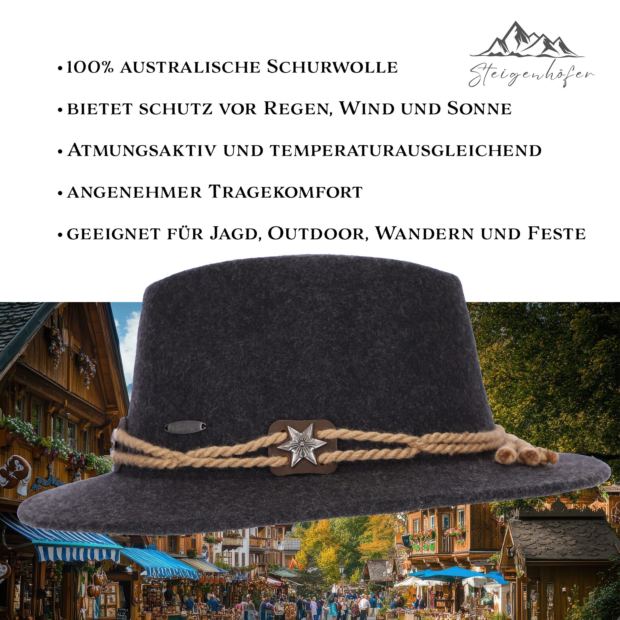 Steigenhöfer Manufaktur Trachtenhut Herren Georg - bayrischer Wanderhut Tiroler Art aus 100% Schurwolle Größenverstellbar und integriertes Schweißband, Ideal fürs Oktoberfest