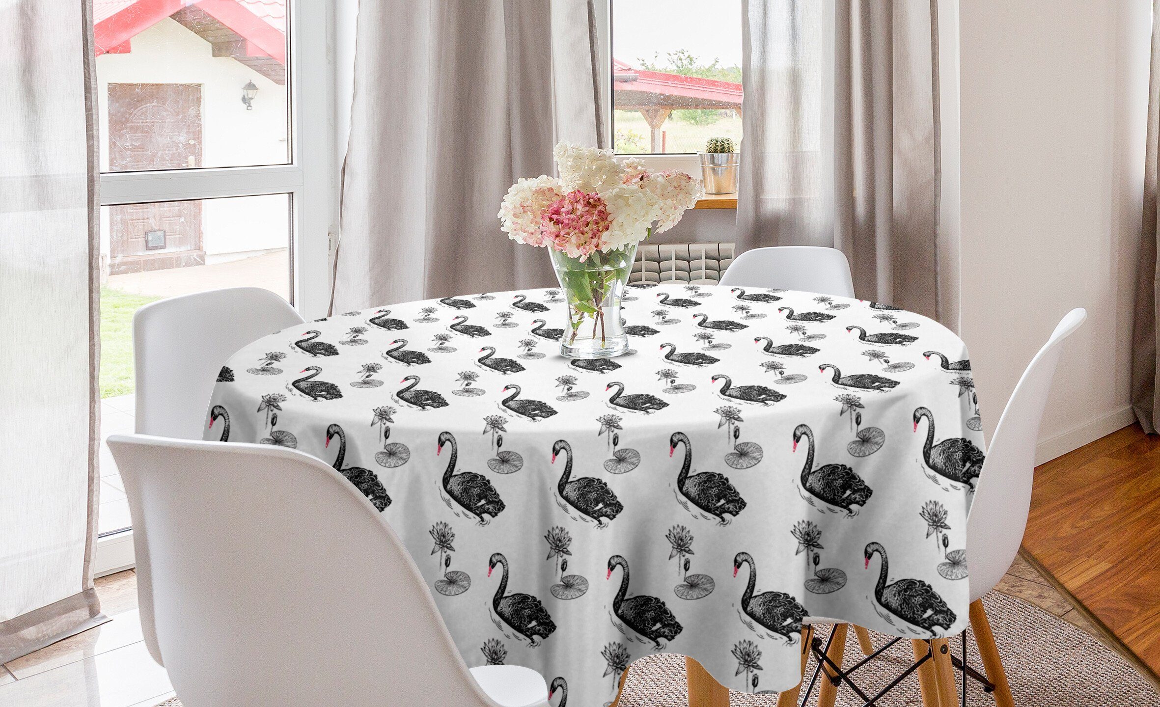 Abakuhaus Tischdecke Kreis Tischdecke Abdeckung für Esszimmer Küche Dekoration, Swans Schwarz-Wasservögel Lotus