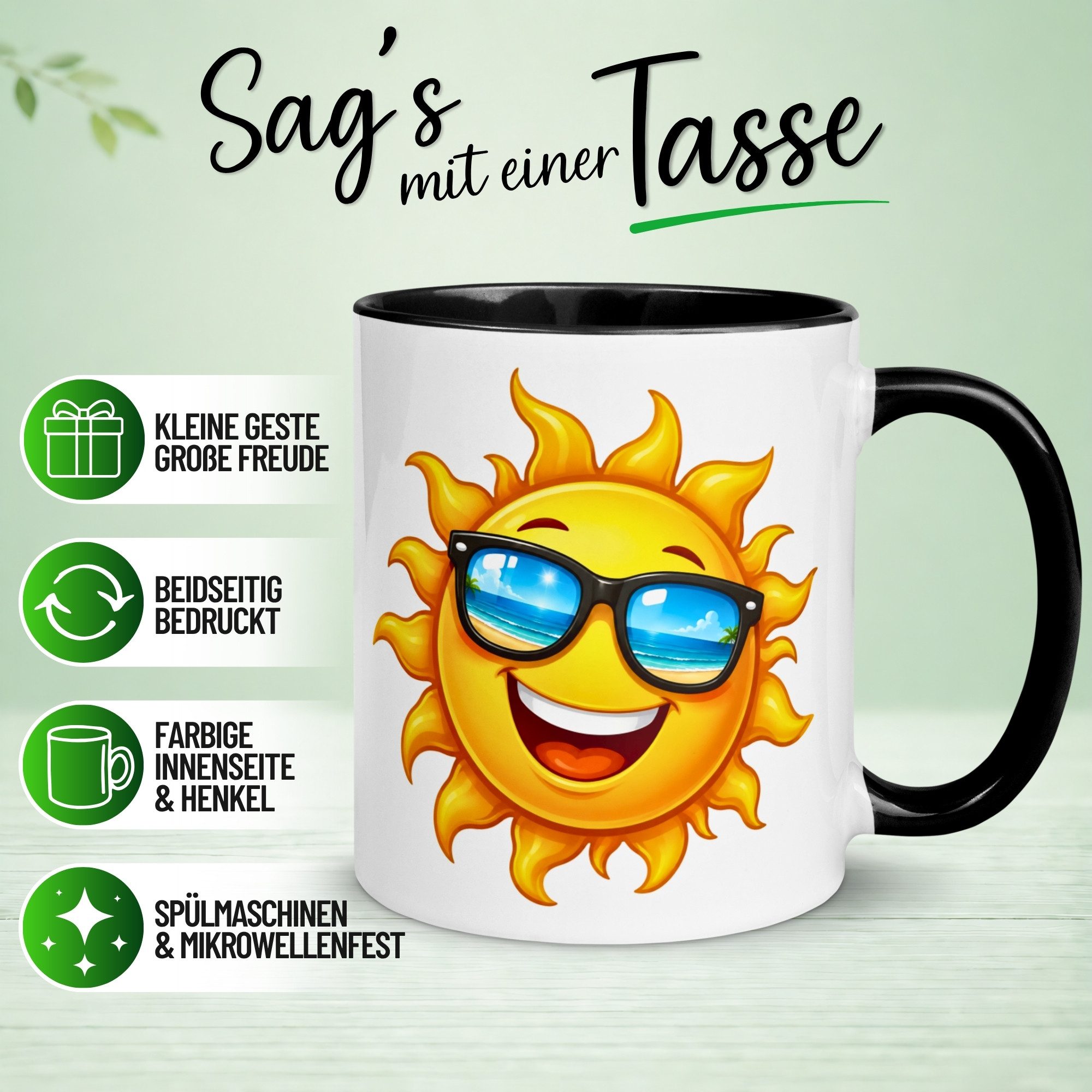 Momentals Tasse Guten Morgen – „Strahlende Sonne mit Sonnenbrille“ – Morgenmuffel, Gratis Versand · Links-&Rechtshänder · Spülmaschinenfest