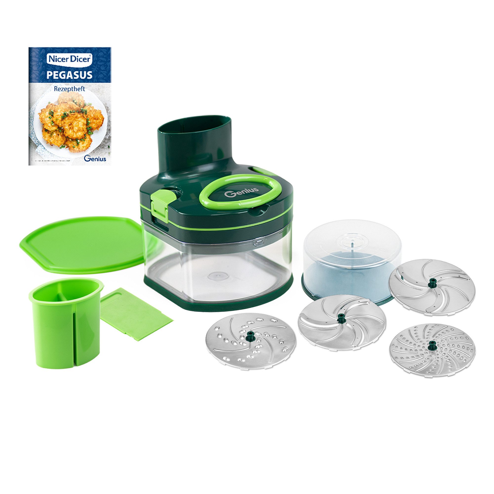 Genius Gemüseschneider Nicer Dicer Pegasus manueller Food Processor Deluxe Set 14-tlg., platzsparende Aufbewahrung und besonders schnelle Reinigung