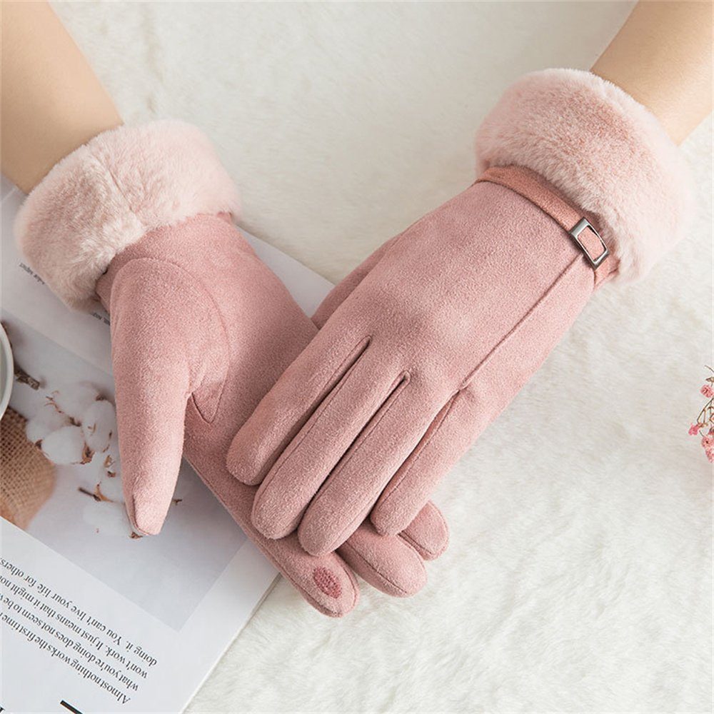 Rouemi Grau Damen-Mode-Handschuhe, Lederhandschuhe warme Plüsch-Wildleder-Handschuhe