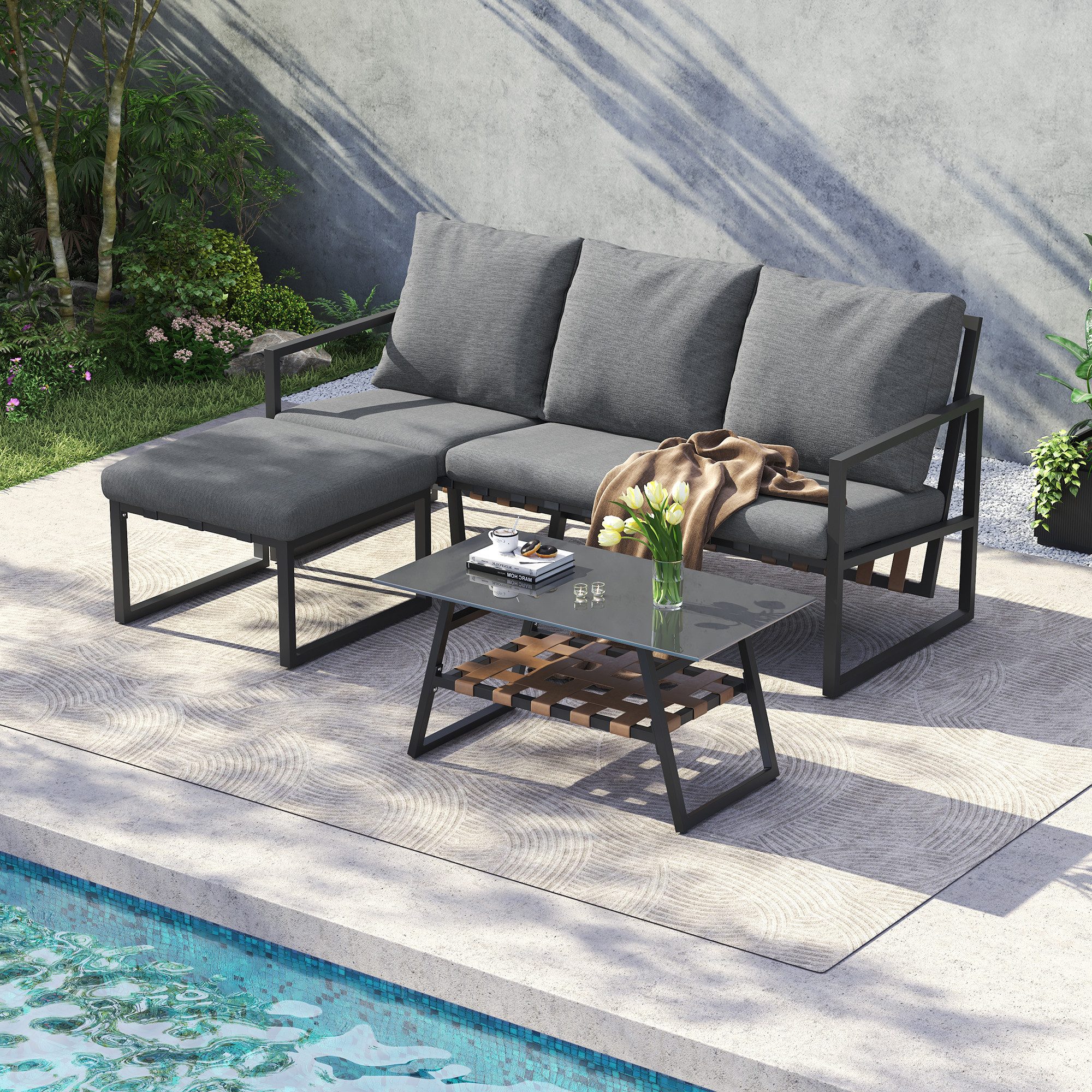 BBWL Gartenlounge-Set mit Sofa Hocker Tisch Glasplatte, verzinkter Stahlrahmen, Gartenmöbel Set Eckgarnitur Lounge, wetterfest grau
