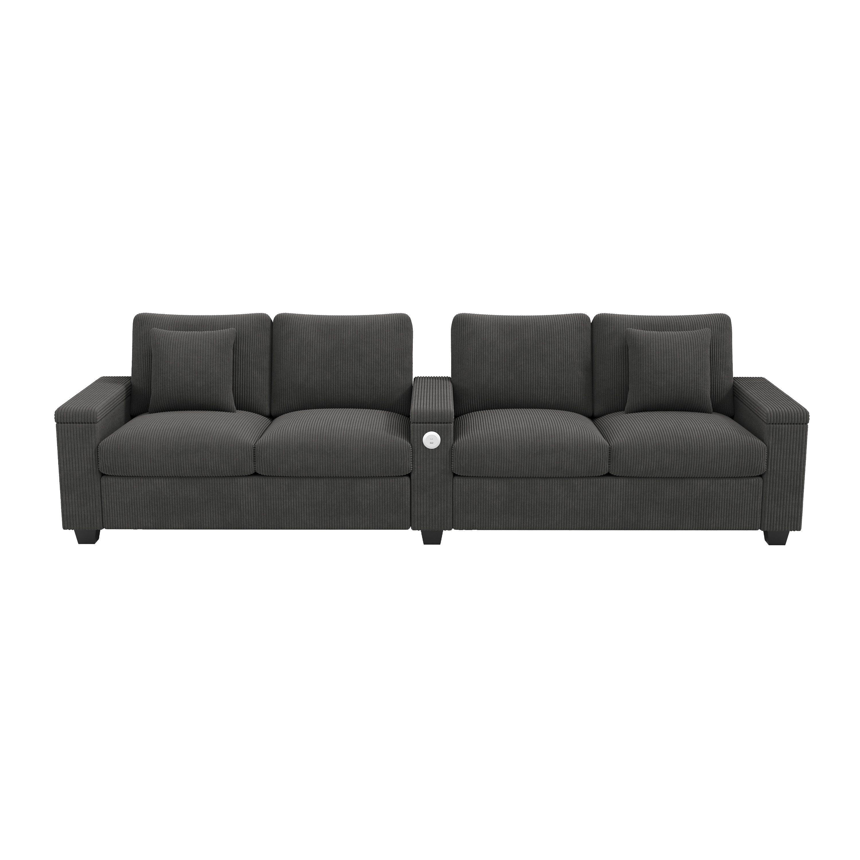 Merax 4-Sitzer Cord Sofa mit USB & USB-C, 1 Teile, Cordsofa mit 2 Zierkissen, klappbarer Mittelarmlehne & Stauraum