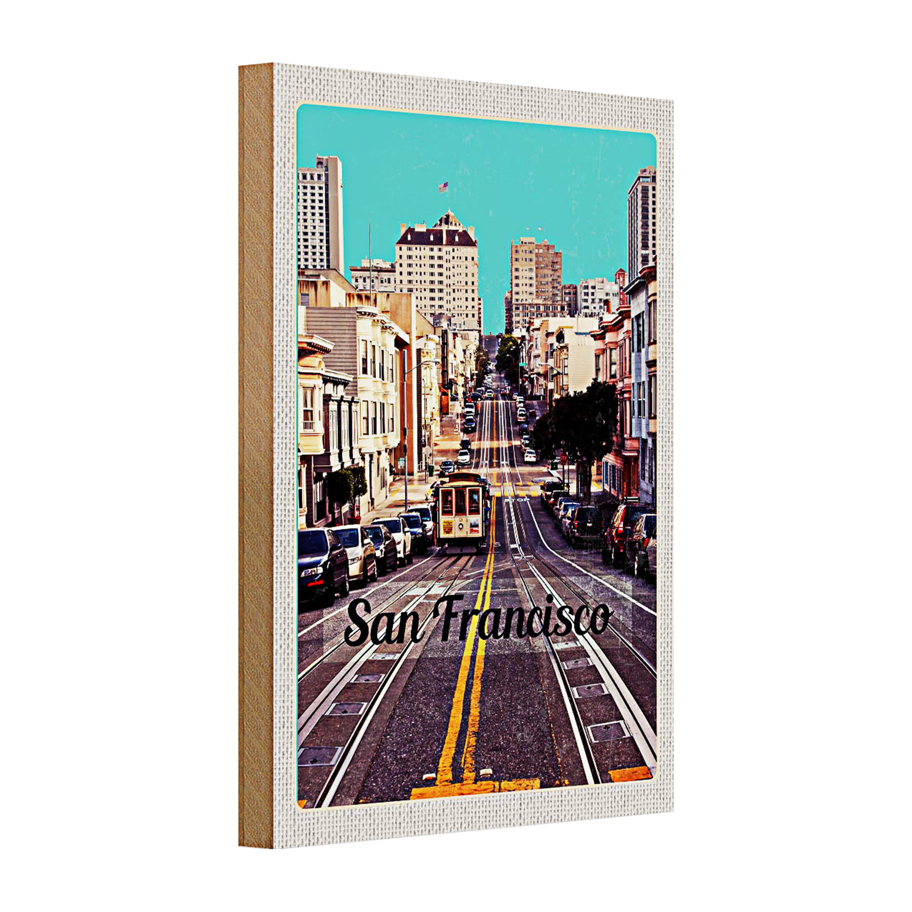Roomando Holzbild Holzschild Reise 20x30cm San Francisco Stadt Straße Straßenbahn