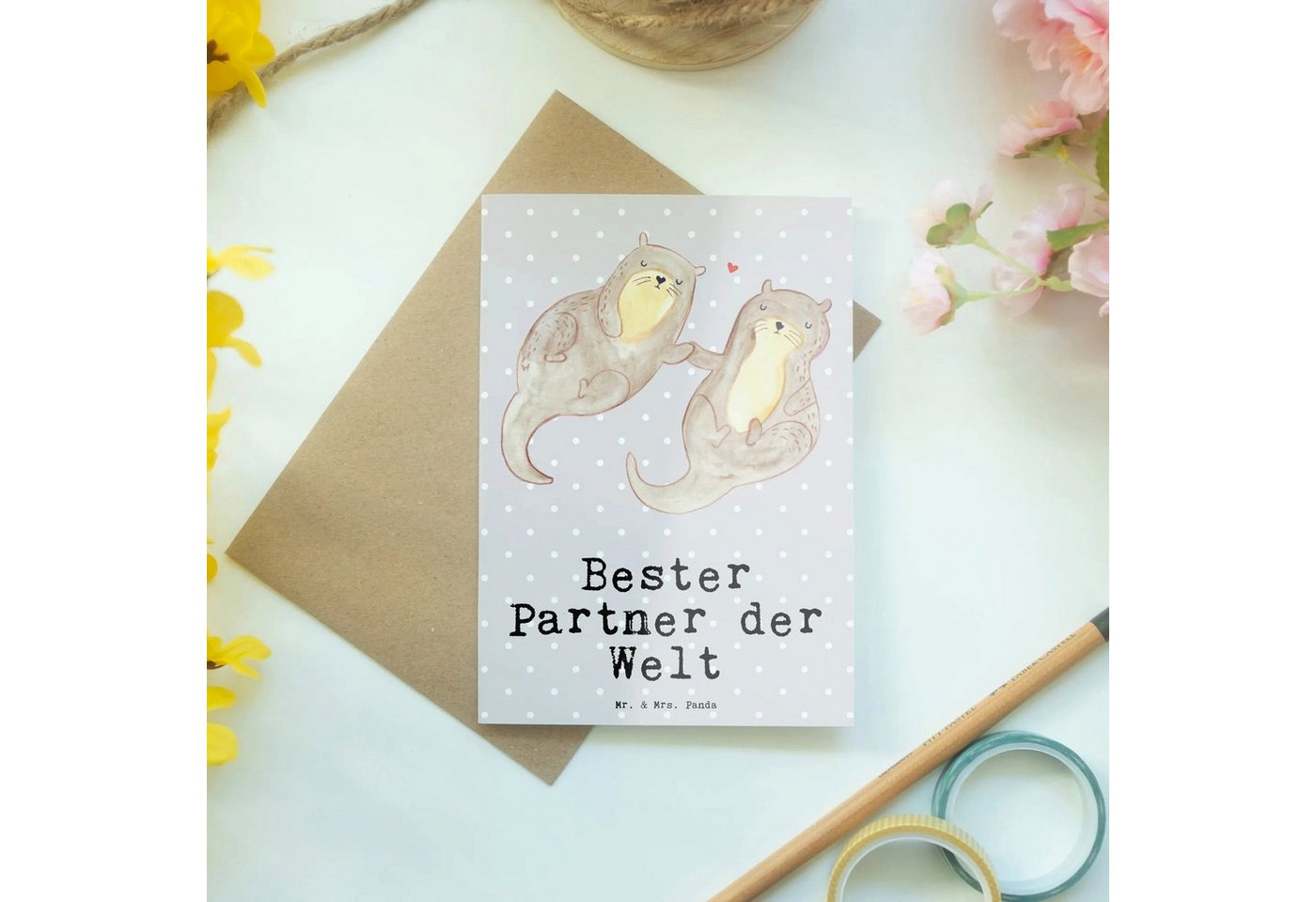 Thumbnail - Mr. & Mrs. Panda Grußkarte Otter Bester Partner der Welt - Grau Pastell - Geschenk, Grußkarte, E, Herzberührende Sprüche