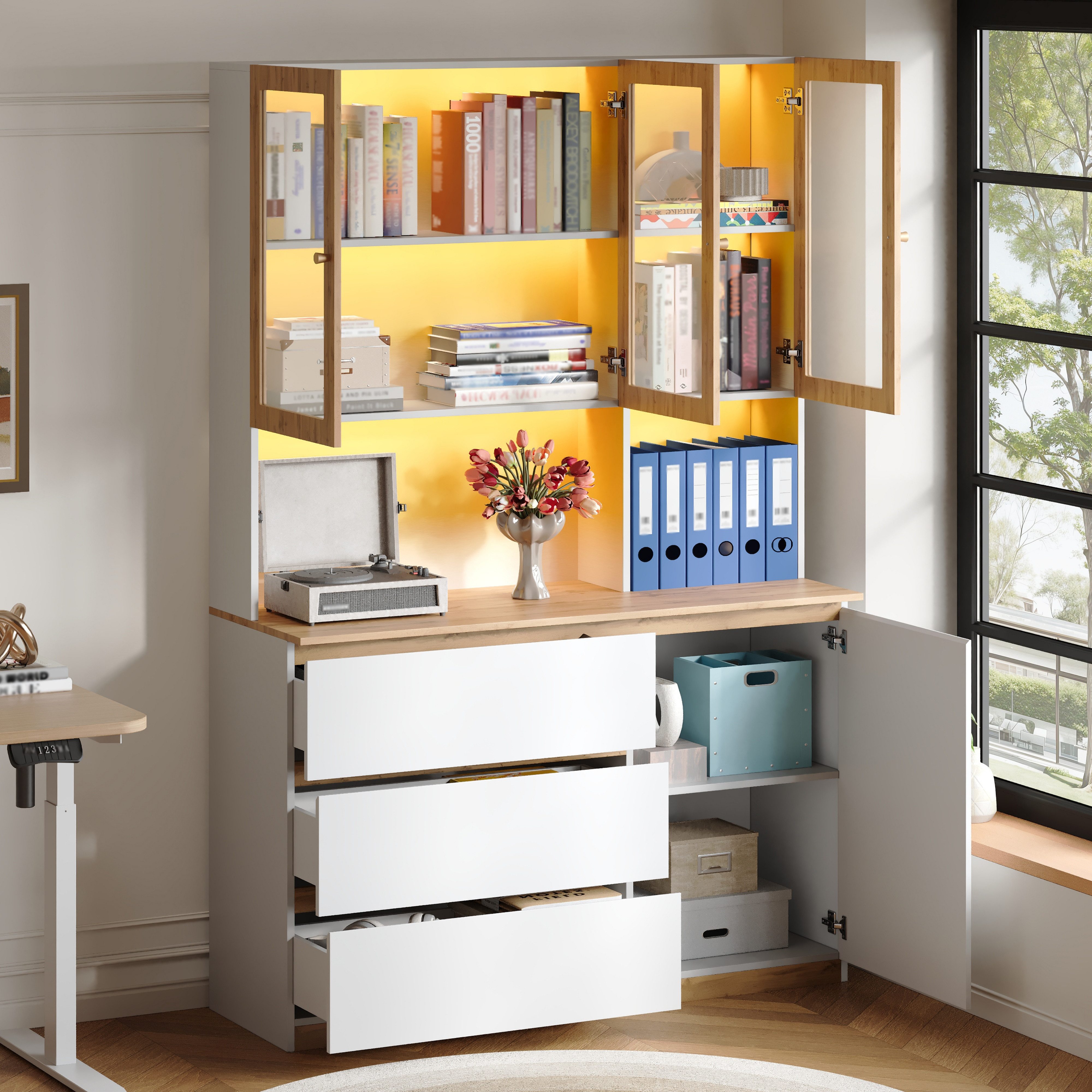Odikalo Vitrine Küchenschrank Vitrineschrank mit LED (120 × 200 cm, mit verlängerter Arbeitsplatte, multifunktionales Standmöbel, weiß und Eiche – Glasvitrine, Küchenhochschrank und Bücherregal)