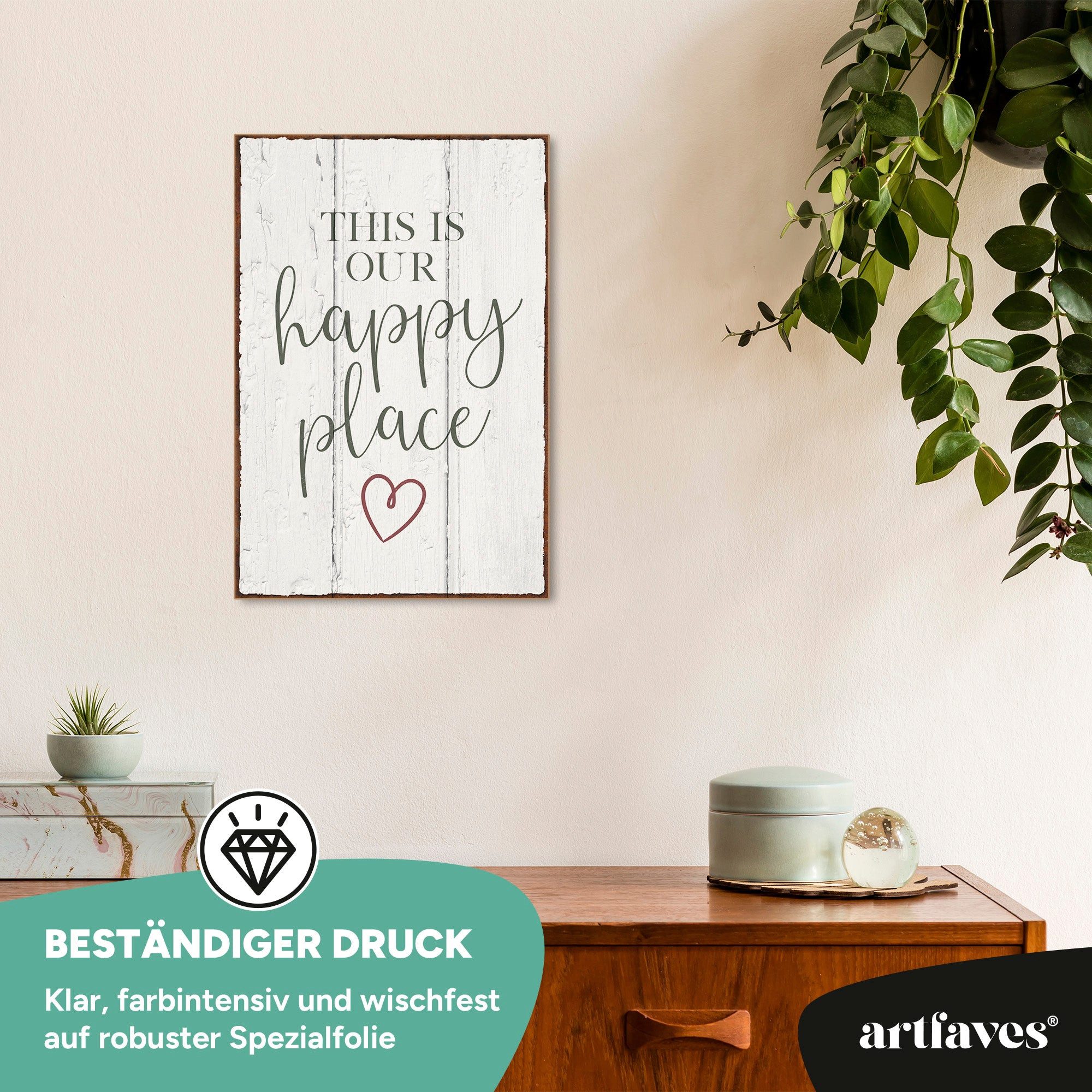 ARTFAVES Holzbild Schild mit Spruch - This is our happy place - Zuhause, Wohnung, Liebli