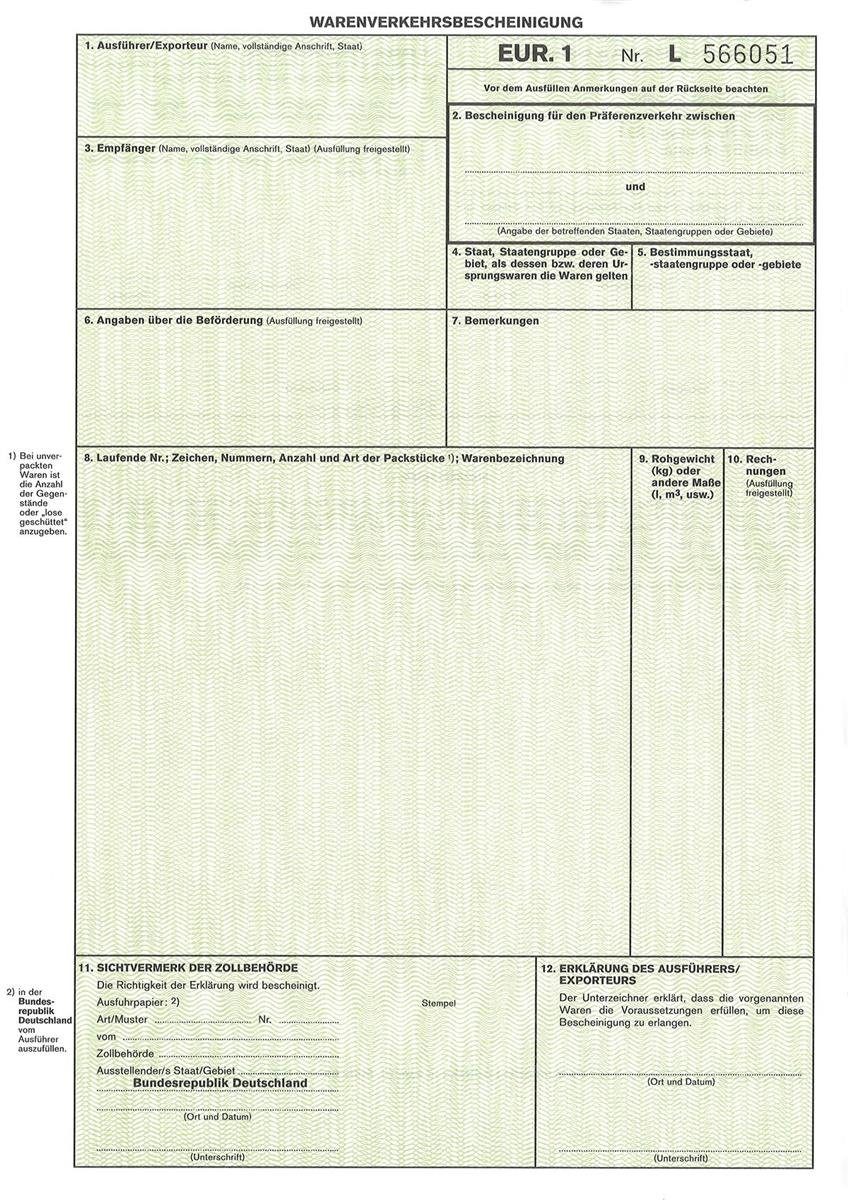 RNK Verlag 1 Kugelschreiber DIN EUR.1 x A4 Blatt Warenverkehrsbescheinigung 50x 2 SD