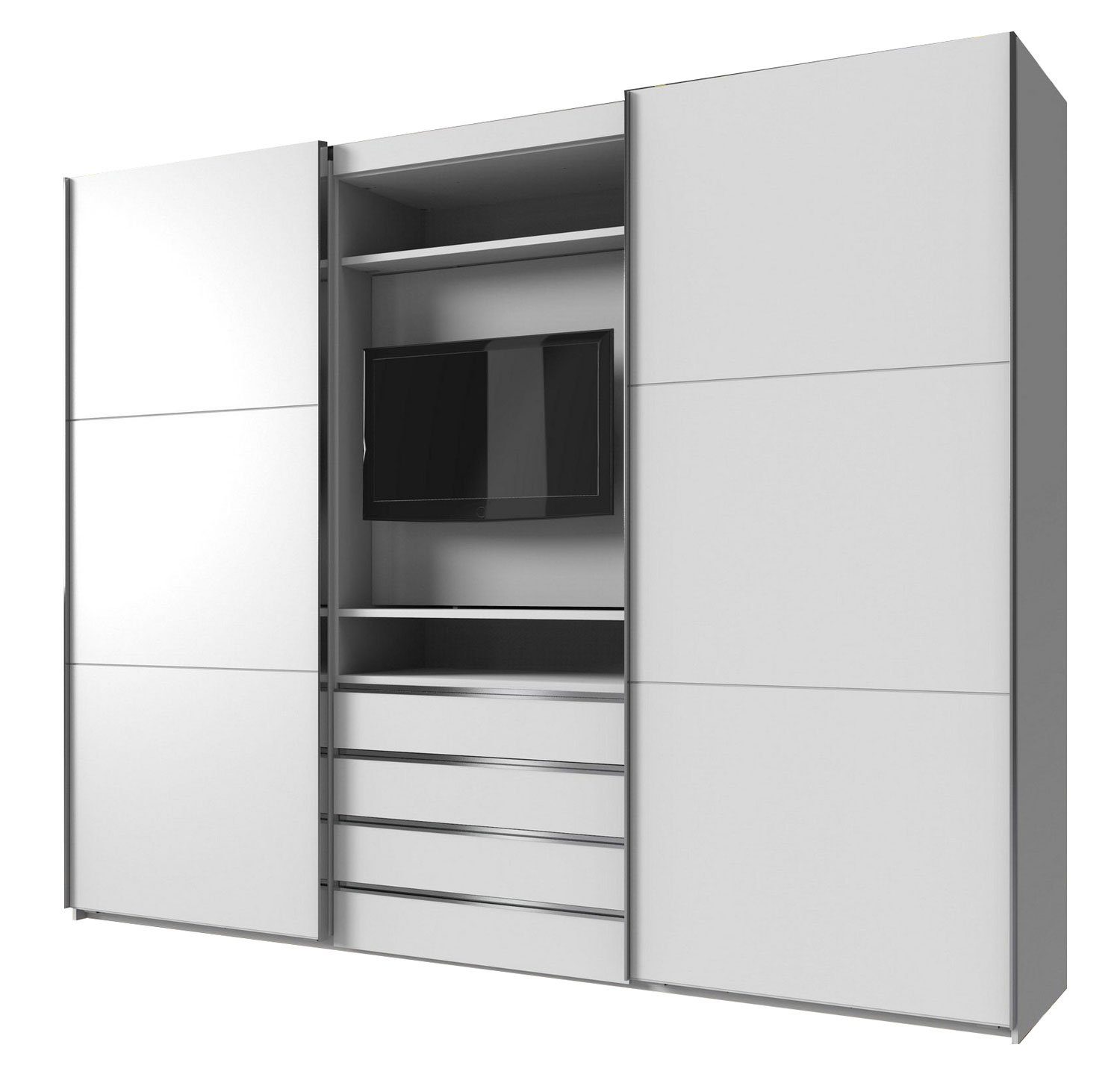 Wimex Schwebetürenschrank Magie (2 Türen, 5 Böden, 3 Schubladen, 2 Kleiderstangen, 1 TV Element, 1-St., moderne Optik, mit drehbarem TV-Element, Griffleisten aus Metall) weiß 300cm
