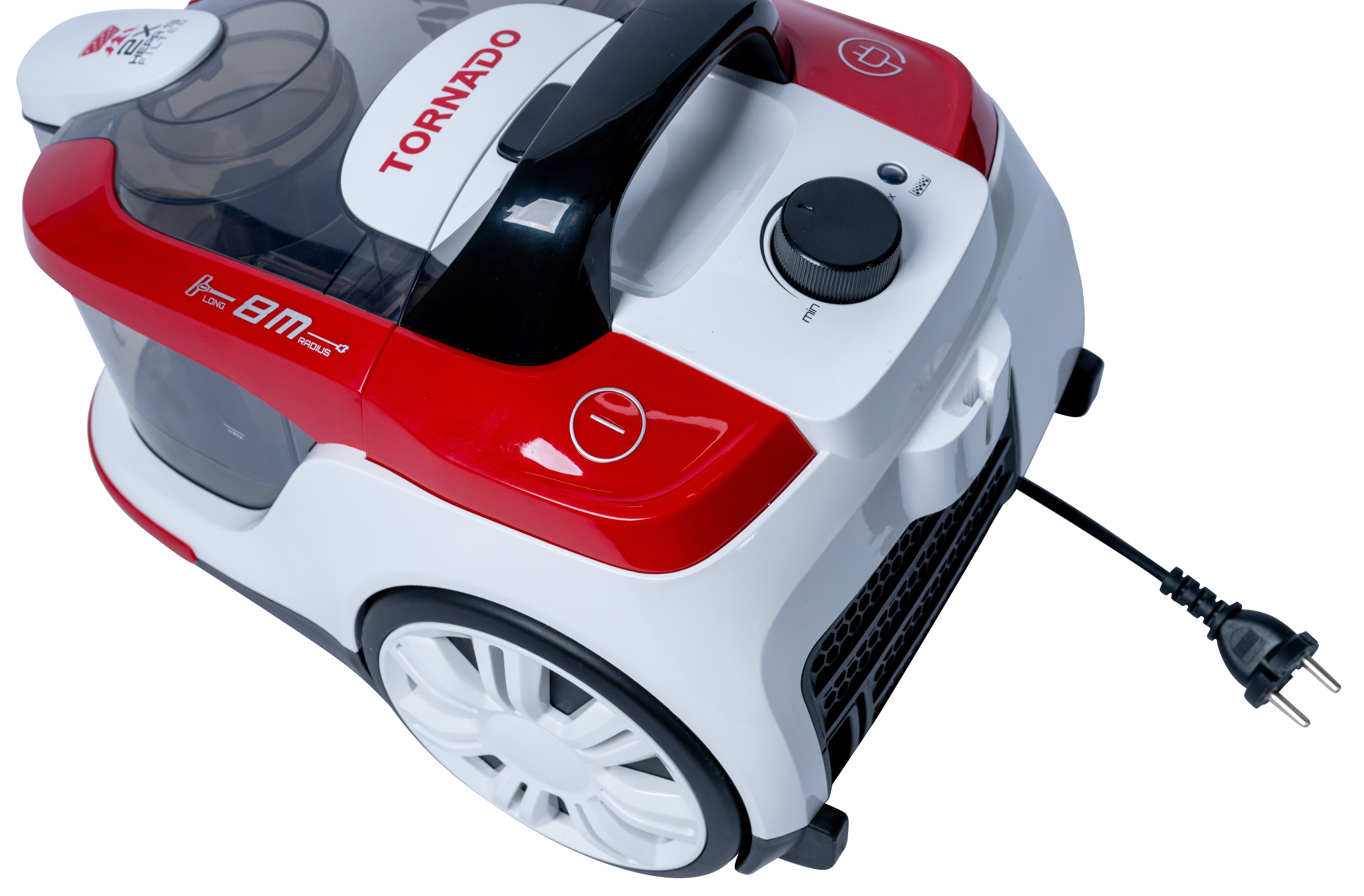 Tornado Bodenstaubsauger Staubsauger Beutellos Rot/Weiß, 800,00 W, Beutellos, höhenverstellbares Saugrohr, verschiedene Aufsätze