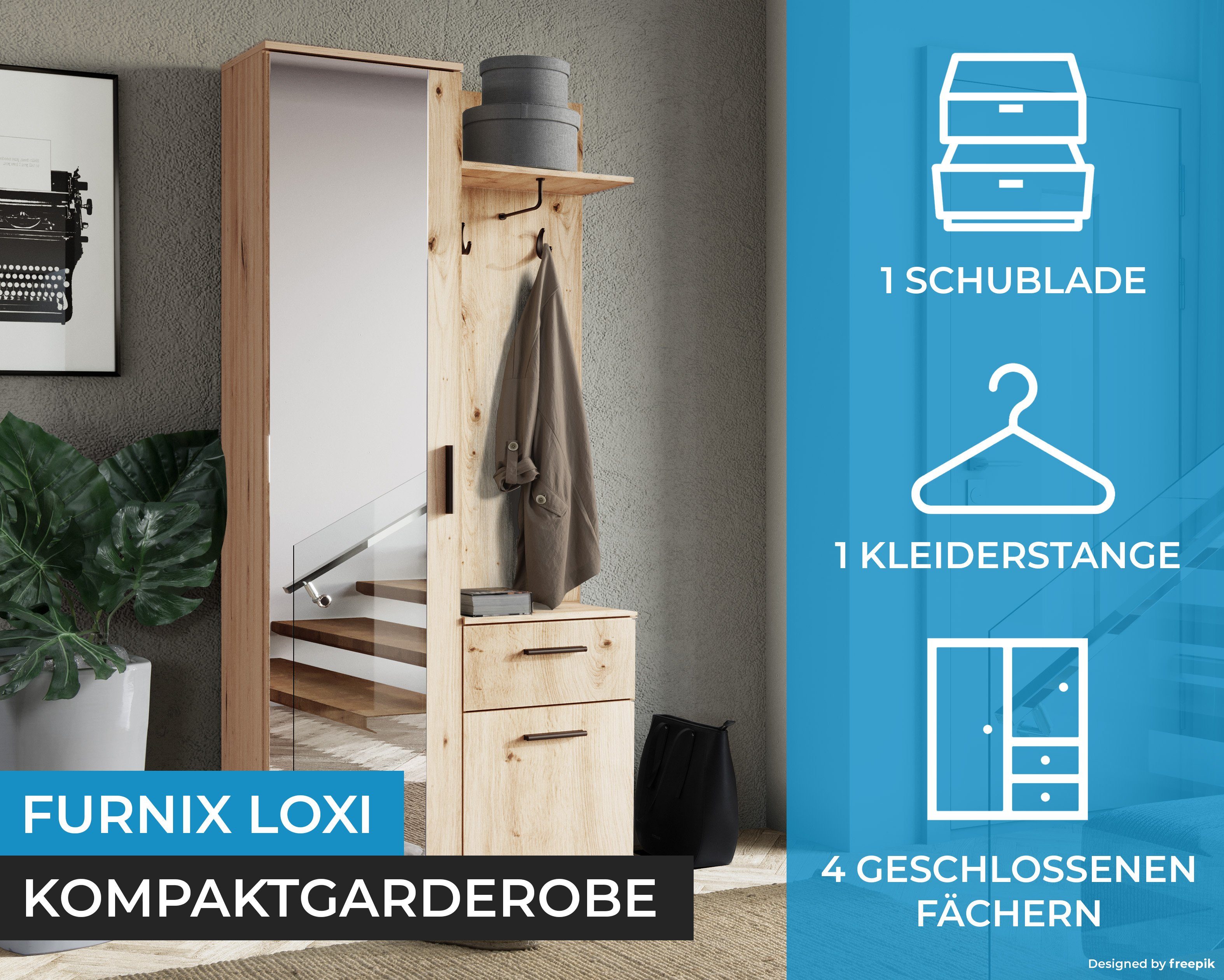 Furnix Kompaktgarderobe LOXI Garderobe mit platzsparend multifunktional Schuhschrank, Spiegel, Hutablage Artisan Schublade, Schrank
