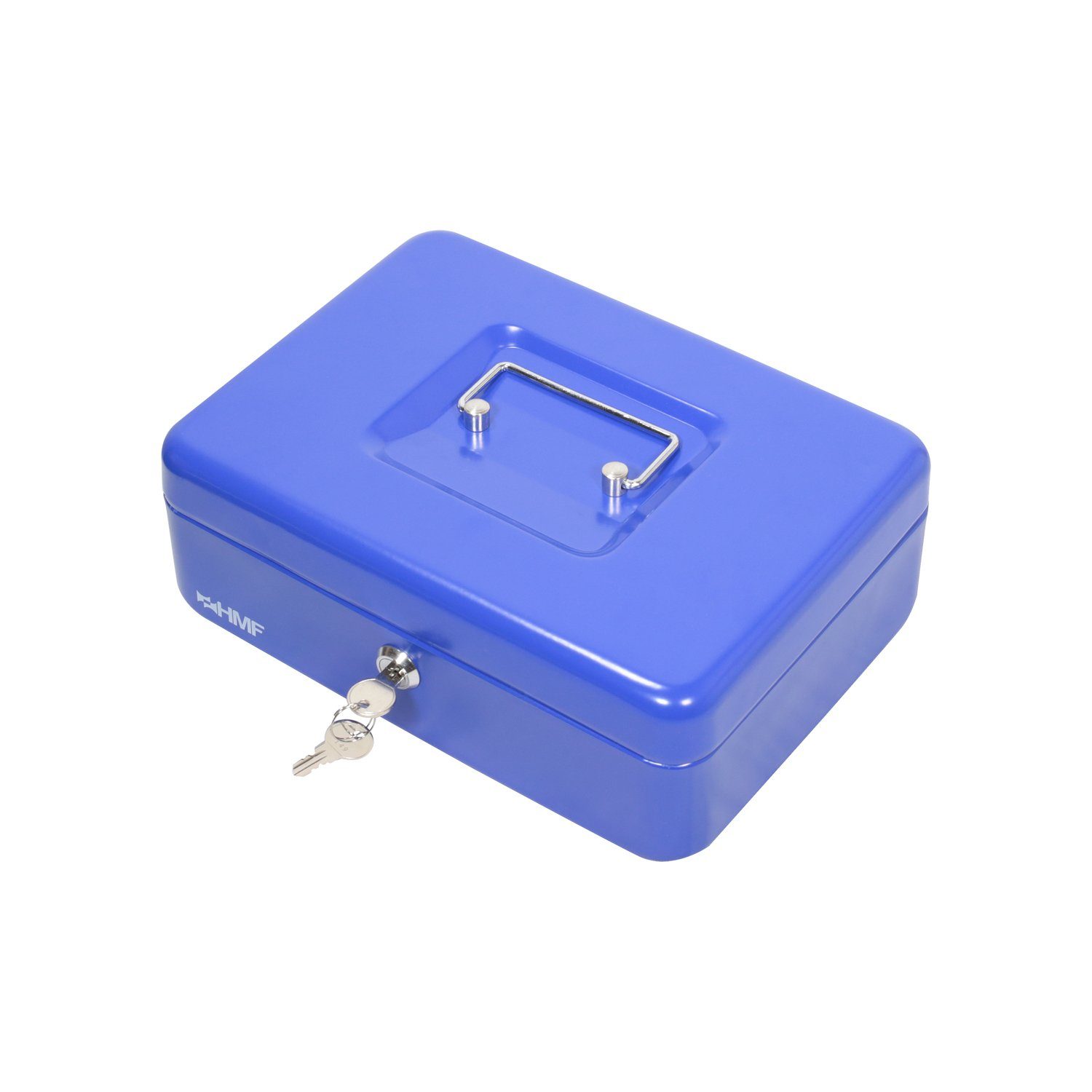 mit blau 25x18x9 abschließbare Scheinfach, Geldkassette und mit Schlüssel, cm Bargeldkasse Geldbox HMF robuste Münzzählbrett