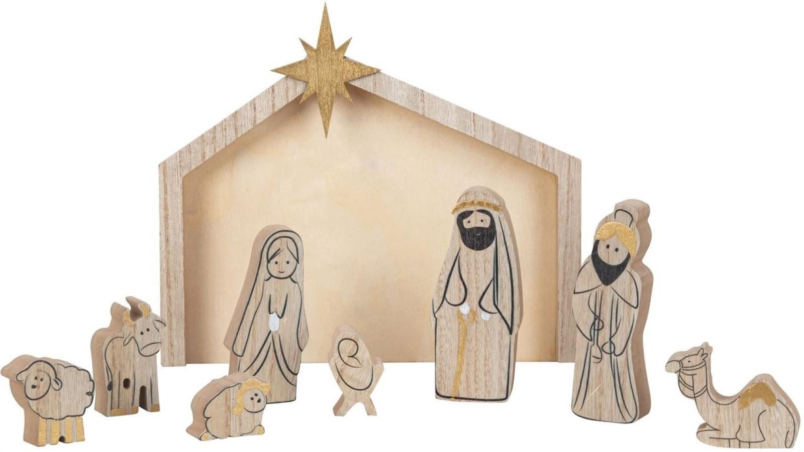 Geschenkestadl Weihnachtsszene 9-tlg Weihnachtskrippenset – handgefertigte aus Holz in Natur
