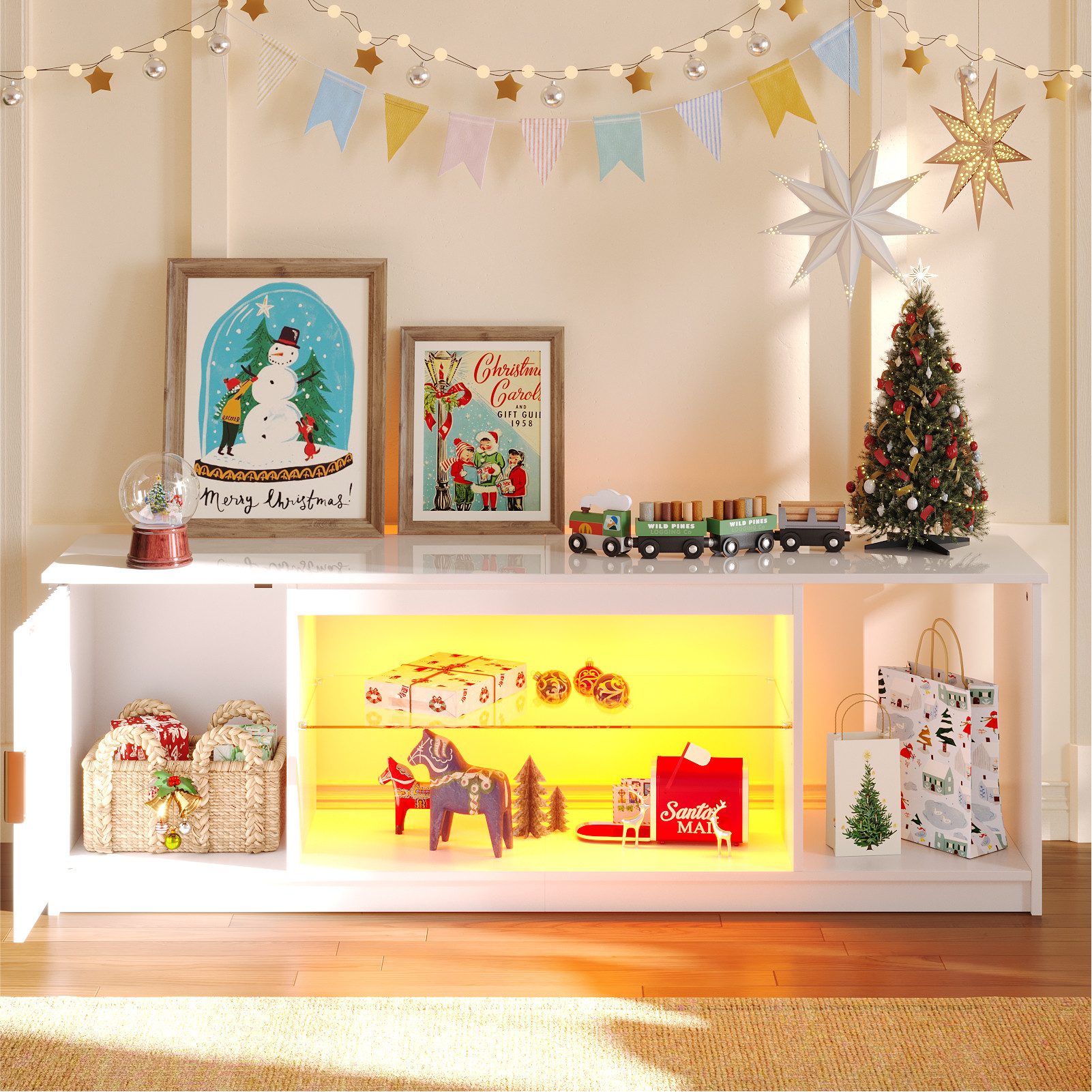 Bestier TV-Schrank Lowboard für 65 Zoll & kleinere TVs, 144.8 x 35 x 52 cm, (Fernsehschrank mit RGB-LED-Leuchten) Fernsehtisch mit verstellbaren Glasböden für Wohnzimmer, Schwarze