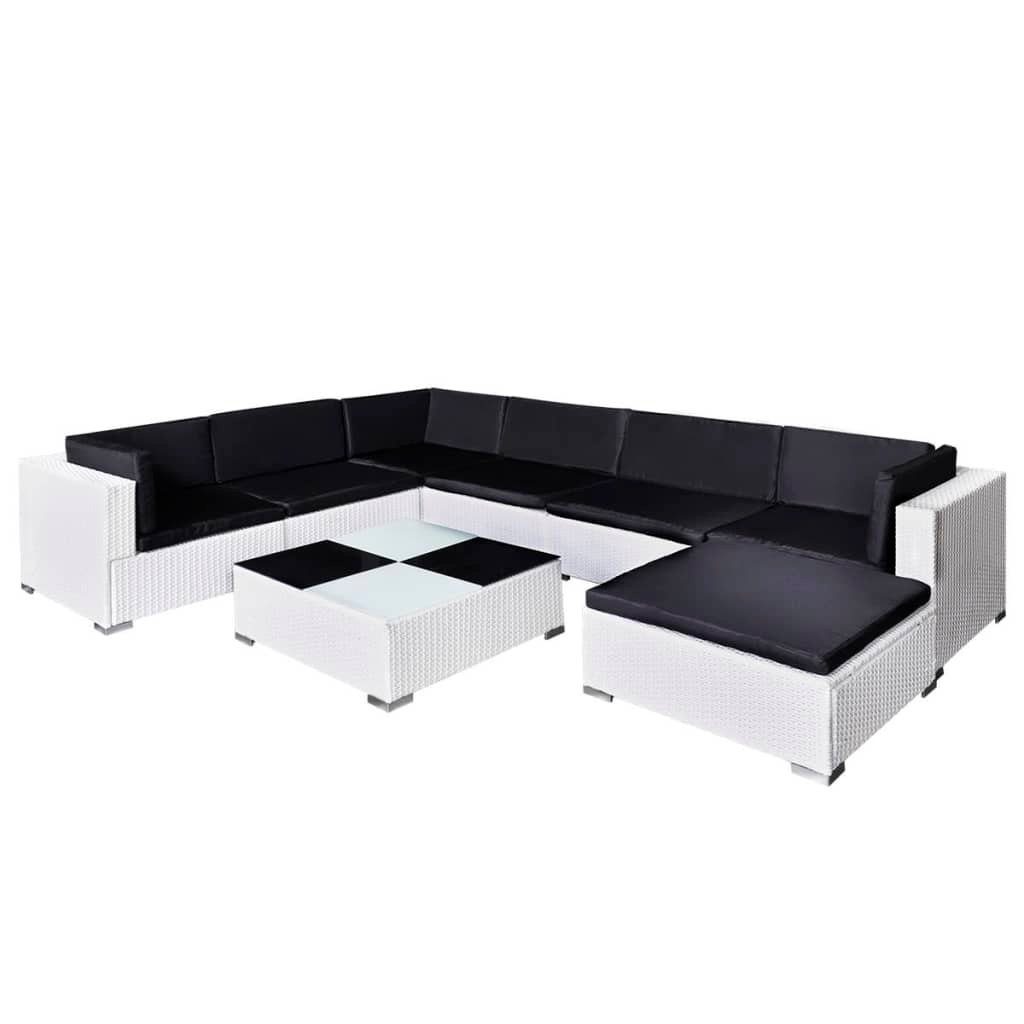 8-tlg. Gartenlounge-Set Weiß, Rattan (8-tlg) vidaXL Garten-Lounge-Set Poly Auflagen mit