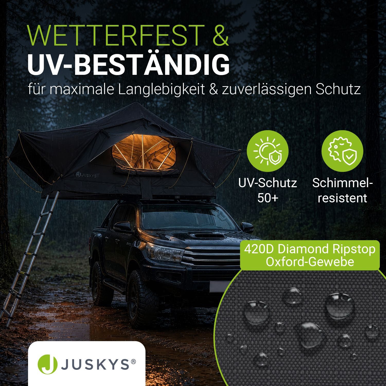 Juskys Dachzelt Lago, Wasserdicht, Teleskopleiter, 2 Personen Zelt, LED Beleuchtung