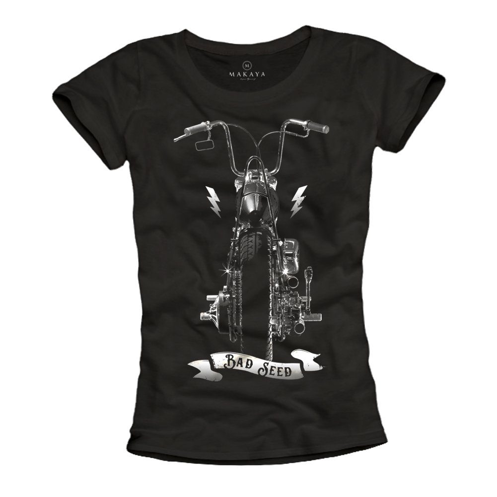 MAKAYA Print-Shirt Damen Motorrad Oberteile Coole Biker Bekleidung Frauen Top Schwarz