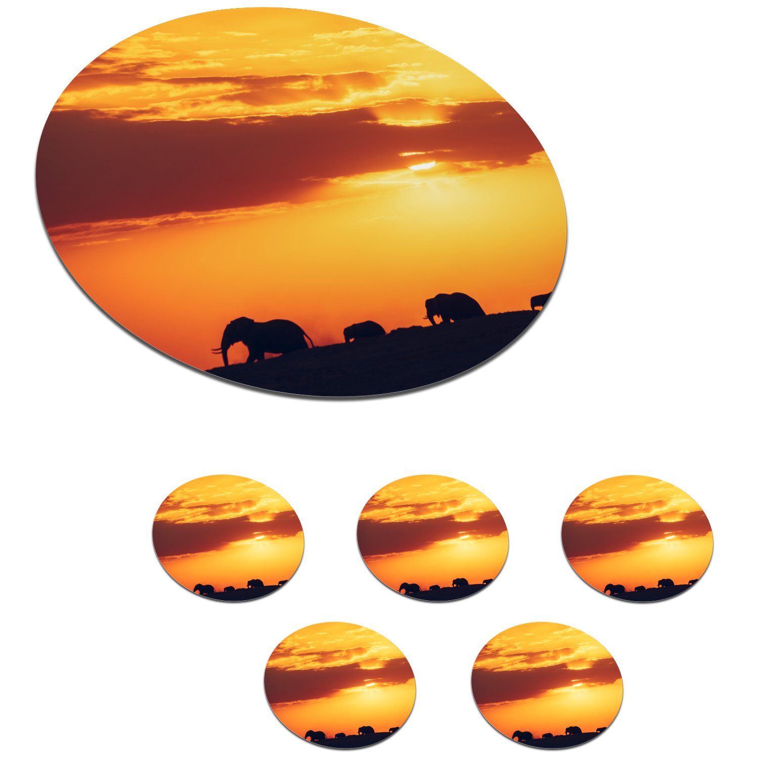 MuchoWow Glasuntersetzer Elefanten - Horizont Becher Gläser, Sonnenuntergang Tiere, Tasse, Korkuntersetzer, 6-tlg., für - Zubehör - Getränkeuntersetzer, Tassenuntersetzer