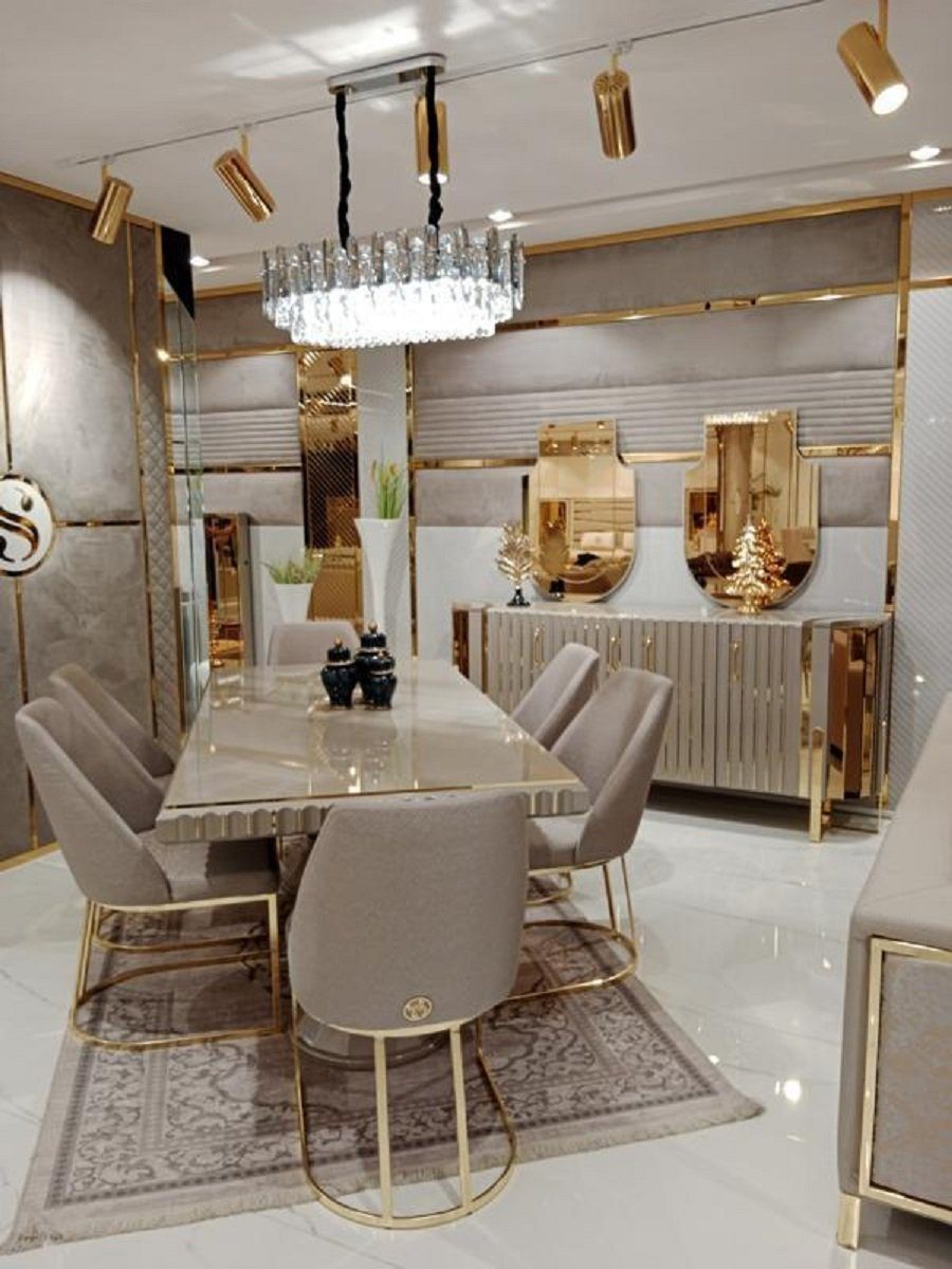 JVmoebel Essgruppe Elegantes Esstisch-Set mit Stühlen und Anrichte in Holzoptik, (9-tlg., Esstisch + 6x Stühle + Anrichte mit 2x Spiegel), Made in Europa