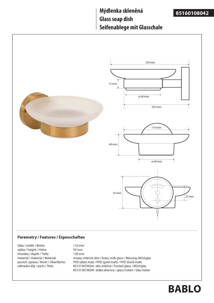 BRILLANTBAD® Seifenschale BABLO Seifenablage Gold matt Milchglas Bad & Küche >> Bohren / Kleben, Breite: 11 cm