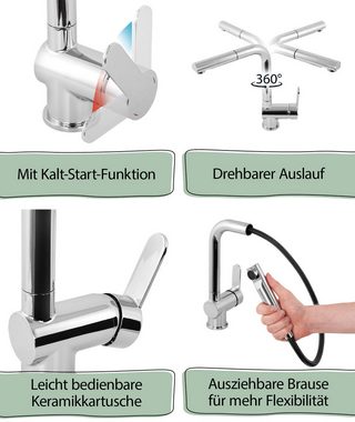 aquaSu Spültischarmatur Limited (Wasserhahn Küche, Küchenarmatur) Chrom, Hochdruck, schwenkbar, ausziehbare Geschirrbrause, 870306