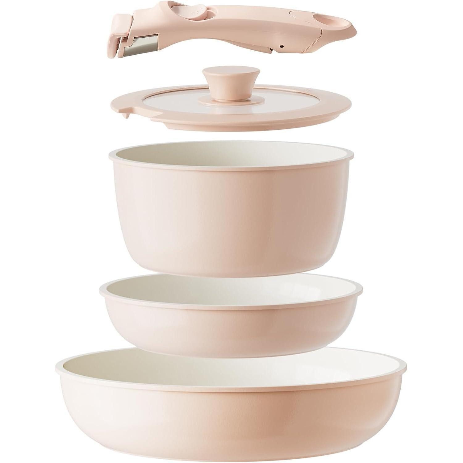 LuxusKollektion Topf-Set Topfset Pfannenset Keramik abnehmbaren Griff Platzsparend Rosa