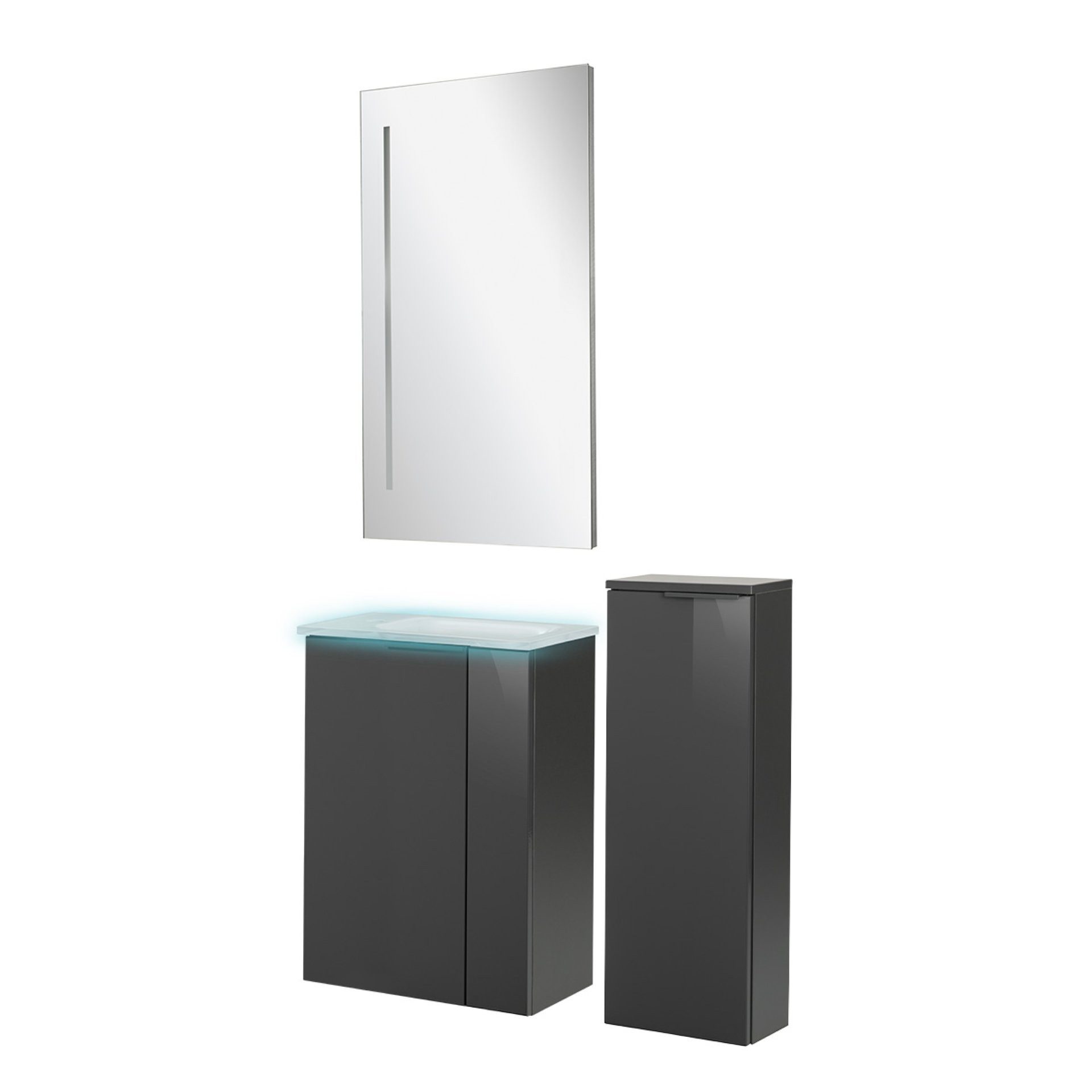 FACKELMANN Badmöbel-Set Waschbeckenunterschrank, Glas-Waschbecken, LED-Spiegel, Midischrank