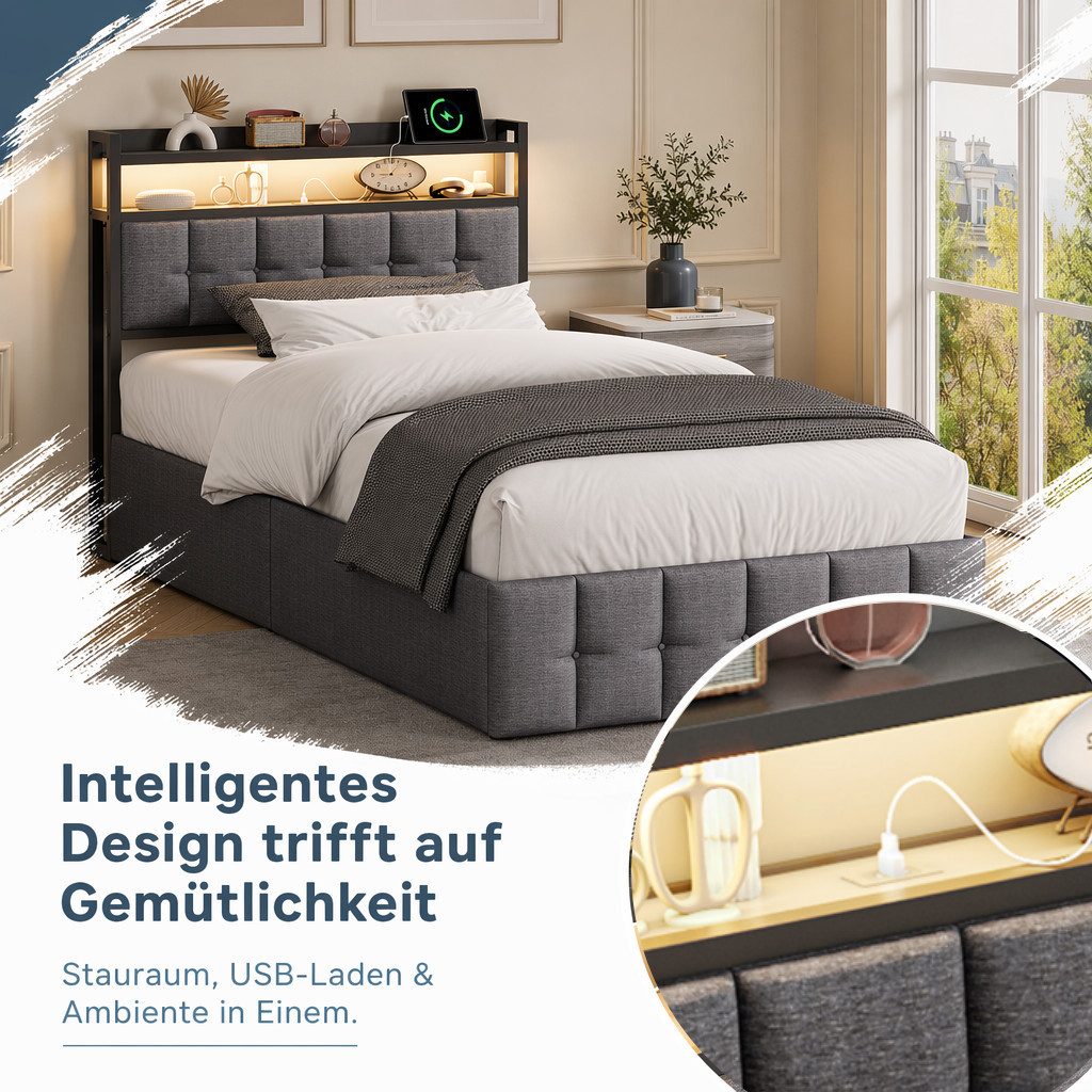 Simurq Polsterbett 90x200 mit Bettkasten, Einzelbett, Jugendbett, Bettgestell (1 tlg, ohne Matratze, Mit Lattenrost), Kopfteil mit Ablagefach, Mit Lattenrost, U – Bild 3 von 5